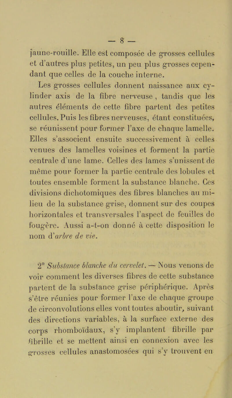 jaiine-roiiille. Elle est composée de grosses cellules et d’autres plus petites, un peu plus grosses cepen- dant que celles de la couche interne. Les g*rosses cellules donnent naissance aux cy- linder axis de la fibre nerveuse , tandis que les autres éléments de cette fibre partent des petites cellules. Puis les fibres nerveuses, étant constituées, se réunissent pour former l’axe de chaque lamelle. Elles s’associent ensuite successivement à celles venues des lamelles voisines et forment la partie centrale d'une lame. Celles des lames s’unissent de même pour former la partie centrale des lobules et toutes ensemble forment la substance blanche. Ces division.s dichotomiques des fibres blanches au mi- lieu de la substance grise, donnent sur des coupes horizontales et transversales l’aspect de feuilles de fougère. Aussi a-t-on donné à cette disposition le nom à'arbre de vie. 2“ Substance blanche du cervelet. — Nous venons de voir comment les diverses fibres de cette substance partent de la substance grise périphérique. Après s’être réunies pour former l’axe de chaque groupe de circonvolutions elles vont toutes aboutir, suivant des directions variables, à la surface externe des corps rhomboïdaux, s’y implantent fibrille par fibrille et se mettent ainsi en connexion avec les üTosses cellules anastomosées qui s’y trouvent en