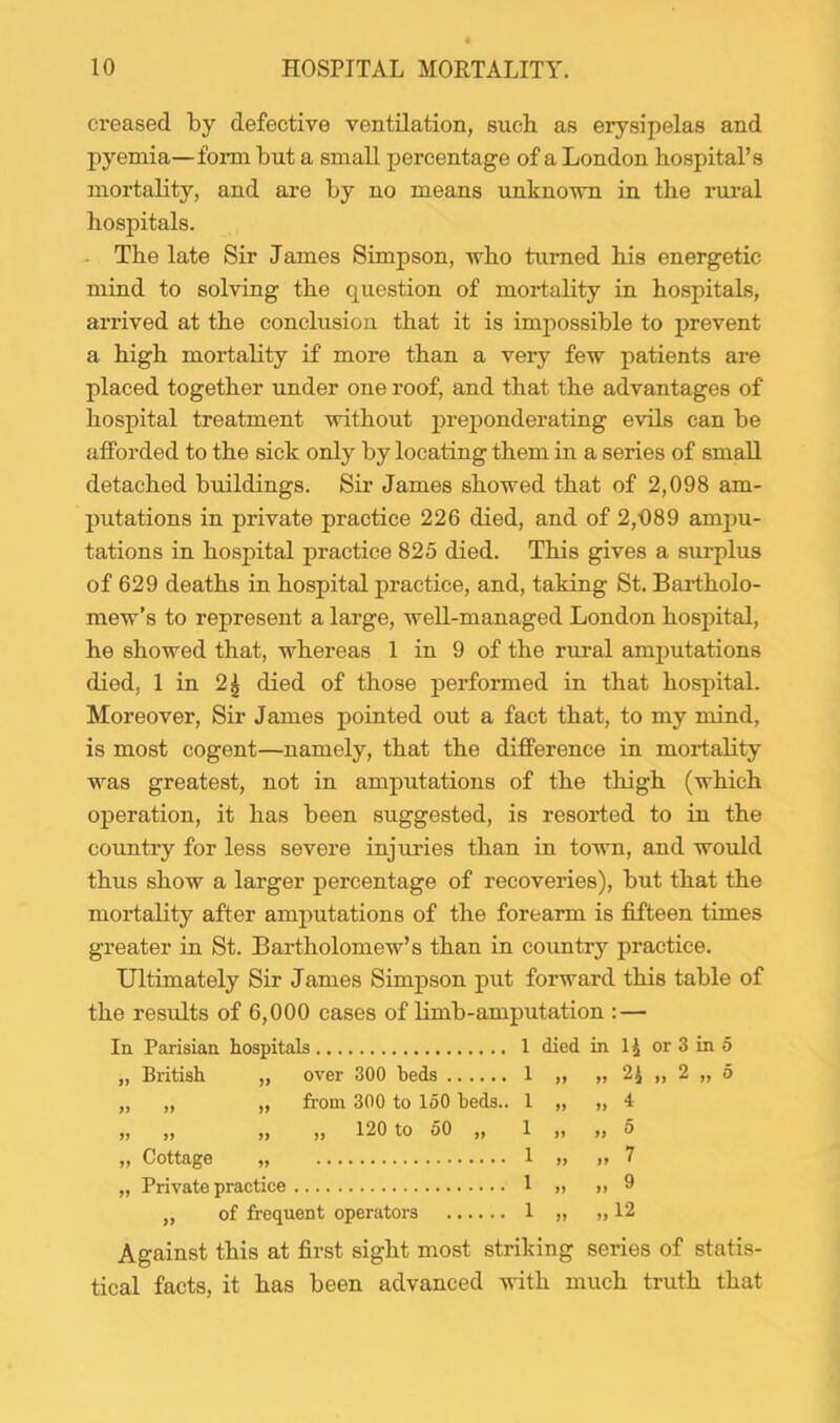 creased by defective ventilation, such as erysipelas and pyemia—form but a small percentage of a London hospital’s mortality, and are by no means unknown in tbe rui’al hospitals. Tbe late Sir James Simpson, who tumed bis energetic mind to solving tbe question of mortality in hospitals, arrived at tbe conclusion that it is impossible to prevent a high mortality if more than a very few patients are placed together under one roof, and that tbe advantages of hospital treatment without preponderating evils can be afforded to the sick only by locating them in a series of small detached buildings. Sir James showed that of 2,098 am- putations in private practice 226 died, and of 2,<)89 ampu- tations in hospital practice 825 died. This gives a surplus of 629 deaths in hospital practice, and, taking St. Bartholo- mew’s to represent a large, weU-managed London hospital, he showed that, whereas 1 in 9 of the rural amputations died, 1 in 2^ died of those performed in that hospital. Moreover, Sir James pointed out a fact that, to my mind, is most cogent—namely, that the difference in mortality was greatest, not in amputations of the thigh (which operation, it has been suggested, is resorted to in the country for less severe injuries than in town, and would thus show a larger percentage of recoveries), but that the mortality after amputations of the forearm is fifteen times greater in St. Bartholomew’s than in country practice. Ultimately Sir James Simpson put forward this table of the results of 6,000 cases of Umb-amputation : — In. Parisian hospitals 1 died in 1J or 3 in 5 „ British „ over 300 beds 1 „ „ 2^ „ 2 „ 5 „ „ „ from 300 to loO beds.. 1 „ „ 4 „ ,, ,, ,, 120 to 60 ,, 1 )) )) d „ Cottage „ 1 » „ 7 „ Private practice 1 „ „ 9 „ of frequent operators 1 „ „ 12 Against this at first sight most striking series of statis- tical facts, it has been advanced with much truth that