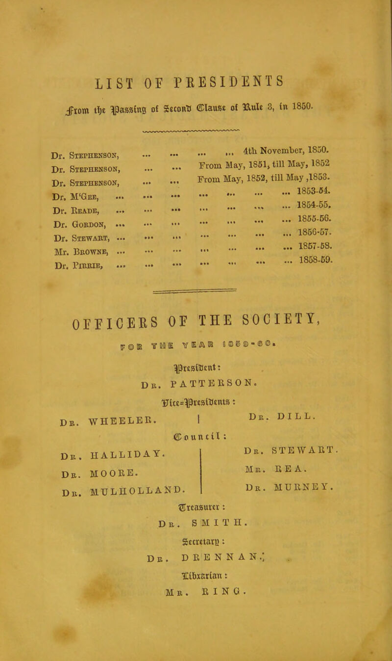 LIST OF PEESIDENTS jFion» tijc passing of SeconTJ ffilause of Eulc 3, in 1850. Dr. Stephenson, Dr. Stephenson, Dr. Stephenson, Dr. M'Geb, Dr. Eeade, Dr. Gordon, ... Dr. Stewart, ... Mr. Browne, ... Dr. PiRRiE, ... 4tli November, 1850. From May, 1861, till May, 1852 From May, 1852, till May ,18a3. ... ... ... ... 1853-64. 1854-55. 1866-66. 1856-57. 1867-58. 1858-69. OFFICEKS OF THE SOCIETY, p®lB TrinlE a©g©-®©. prtsibcnt: Dr. PATTERSON. Tricc=prtsib«nts: Dr. wheeler. I Dr. dill. ffiountii : Dr. HALLIDAY. Dr. STEWART Dr. MOORE. Mr. REA. Dr. MULHOLLAND. Dr. MURNEY. ®rcasuicr: Dr. smith. Sccrjtari): Dr. deennan.; Hibiarian: