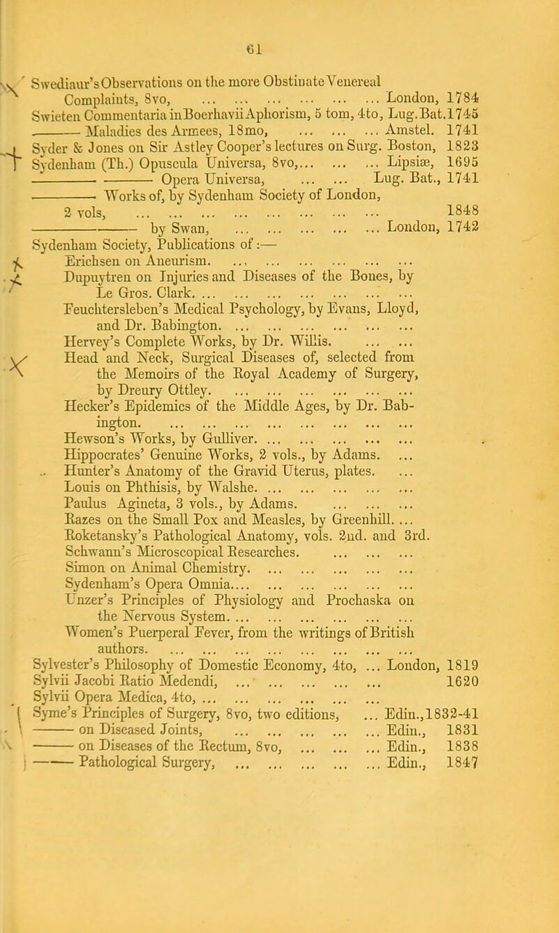 €1 t < / Swediaur’s Observations on the more Obstinate Venereal Complaints, 8vo, London, 1784 Swieten CommentariaiiiBoerhaviiAphorism, 5 tom, 4to, Lug,Bat.l745 Maladies desArmees, 18mo, Amstel. 1741 Syder Ss Jones on Sir Astley Cooper’s lectures on Surg. Boston, 1823 Sydenham (Th.) Opuscula Universa, 8vo, Lipsise, 1693 Opera Universa, Lug. Bat., 1741 • Works of, bv Sydenham Society of London, 2 yols, 1848 by Swan, London, 1742 Sydenham Society, Publications of:— Erichsen on Aueimsm. ... Dupujdreu on Injuries and Diseases of the Bones, by Le Gros. Clark Feuchtersleben’s Medical Psychology, by Evans, Lloyd, and Dr. Babington Hervey’s Complete Works, by Dr. Willis. Head and Neck, Siugical Diseases of, selected from the Memoirs of the Eoyal Academy of Surgery, by Dreury Ottley Hecker’s Epidemics of the Middle Ages, by Dr. Bab- ington Hewson’s Works, by Gulliver Hippocrates’ Genuine Works, 2 vols., by Adams. Hunter’s Anatomy of the Gravid Uterus, plates. Louis on Phthisis, by Walshe Paulus Agineta, 3 vols., by Adams. Eazes on the Small Pox and Measles, by Greenhill. ... Eoketansky’s Pathological Anatomy, vols. 2nd. and 3rd. Schwann’s Microscopical Eesearches. Simon on Animal Chemistry Sydenham’s Opera Omnia Unzer’s Principles of Physiology and Prochaska on the Nervous System Women’s Puerperal Eever, from the writings of British authors Sylvester’s Philosophy of Domestic Economy, 4to, ... London, 1819 Sylvii Jacobi Eatio Medendi, 1620 Sylvii Opera Medica, 4to, I Syme’s Principles of Surgery, 8vo, two editions, ... Edin.,1832-41 • \ on Diseased Joints, Edin., 1831 \ on Diseases of the Eectum, 8VO, Edin., 1838 ) Pathological Surgery, Edin., 1847