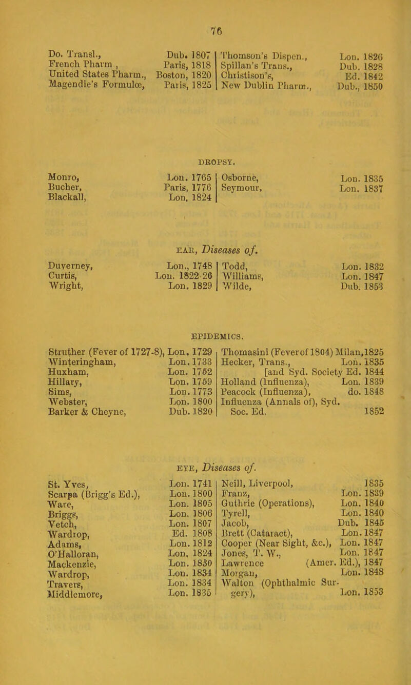 Do. Transl., Dub. 1807 French Phavm , Paris, 1818 United States Pharm., Boston, 1820 Magendie’s Forinulce, Paris, 1825 'I’homson’s Dispen., Lon. 182U Spillan’s Trans., Dub. 1828 Chiistison’s, Ed. 1842 New Dublin Pharm., Dub,, 1850 DROPSY. Monro, Bucher, Blackall, Lou.1765 Paris, 1776 Lon, 1824 Osborne, Sej'mour, Lon. 1835 Lon. 1837 Duverney, Curtis, Wright, EAR, Diseases oj. Lon., 1748 Lou. 1822-26 Lon. 1829 Todd, Williams, Wilde, Lon. 1832 Lon. 1847 Dub. 1853 EPIDEMICS. Struther (Fever of 1727-8), Lon. 1729 Winteringham, Huxham, Hillary, Sims, Webster, Barker & Cheyne, Lon.1733 Lon. 1762 Lon.1769 Lon.1773 Lon.1800 Dub. 1820 Thomasini (Feverof 1804) Milan,1825 Hecker, Q’rans., Loh. 1835 [and Syd. Society Ed. 1844 Holland (Influenza), Lou. 1839 Peacock (Influenza), do. 1848 Influenza (Annals of), Syd. Soc. Ed. ■ 1852 St. Yves, Scarpa (Brigg’s Ed.), Ware, Briggs, Vetch, Wardrop, Adams, O’Halloran, Mackenzie, Wardrop, Travers, Middlemore, EYE, Diseases of. Lon.1741 Lou,1800 Lon.1805 Lon. 1806 Lou. 1807 Ed. 1808 Lon.1812 Lon. 1824 Lon. 1830 Lou. 1834 Lon.1834 Lon. 1835 Neill, Liverpool, 1835 Franz, Lon. 1839 Guthrie (Operations), Lon. 1840 Tyrell, Lon. 1840 Jacob, Dub. 1846 Brett (Cataract), Lon. 1847 Cooper (Near Sight, &c.), Lon. 1847 Jones, T. W., Uon. 1847 Lawrence (Amer. Ed.), 1847 Morgan, Lou. 1848 Walton (Ophthalmic Sur- gery), Lon. 1853