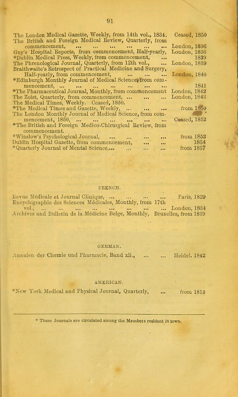 The Loudon Medical Gazette, Weekly, from 14th vol., 1834, The British and Foreign Medical Keview, Quarterly, from commencement, ••• ••• ••• ••• Guy’s Hospital Keports, from commencement, Half-yearly, ♦Dublin Medical Press, Weekly, from commencement. The Phrenological Journal, Quarterly, from 12th vol., Braithwaite’s Retrospect of Practical Medicine and Surgery, Half-yearly, from commencement, ♦Edinburgh Monthly Journal of Medical Sciencejfrom com- mencement, a*. a*. a*. aaa ♦The Pharmaceutical Journal, Monthly, from commencement The Zoist, Quarterly, from commencement, The Medical Times, Weekly. Ceased, 1860. ♦The Medical Times and Gazette, Weekly, ... ••• The London Monthly Journal of Medical Science, from com- mencement, 1860, ... ...' ... ♦The British and Foreign Medico-Chirurgical Review, from commencement. ♦Winslow’s Psychological Journal, Dublin Hospital Gazette, from commencement, ♦Quarterly Journal of Mental Science Ceased, 1850 London, 1836 London, 1836 1839 London, 1839 London, 1840 1841 London, 1842 London, 1843 from 1^0 f Ceased, 1862 from 1853 1854 from 1857 FEENCH. Revue Medicale et Journal Clinique, Paris, 1829 Encycldgiaphie des Sciences Medicales, Monthly, from 17th vol:, ... London, 1834 -Archives and Bulletin de la Medicine Beige, Monthl}', Bruxelles, from 1839 GEEMAN. ■ -innalen der Chemie und Pharmacie, Band xli., Heidel. 1842 AMEEICAN. ♦New York Medical and Physical Journal, Quarterly, ... from 1813 These Journals are circulated among the Membeis reeident In town.