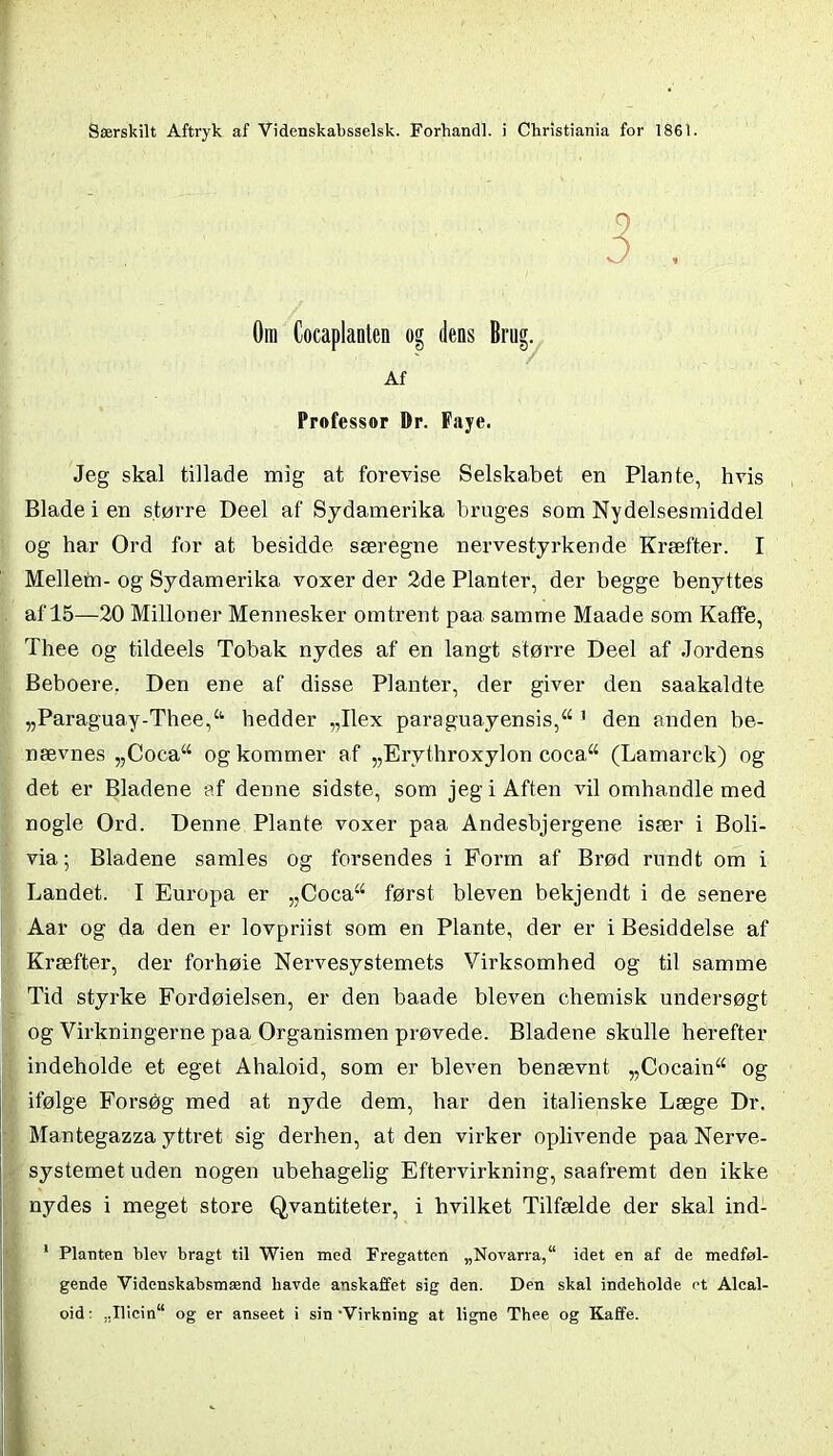 3 . Om Cocaplanten og dens Brug. Af Professor Dr. Faye. Jeg skal tillade mig at forevise Selskabet en Plante, hvis Blade i en større Deel af Sydamerika bruges som Nydelsesmiddel og har Ord for at besidde særegne nervestyrkende Kræfter. I Mellem- og Sydamerika voxer der 2de Planter, der begge benyttes af 15—20 Milioner Mennesker omtrent paa samme Maade som Kaffe, Thee og tildeels Tobak nydes af en langt større Deel af Jordens Beboere. Den ene af disse Planter, der giver den saakaldte „Paraguay-Thee,£t hedder „Ilex paraguayensis, 1 den anden be- nævnes „Coca“ og kommer af „Erythroxylon coca“ (Lamarck) og det er Bladene af denne sidste, som jeg i Aften vil omhandle med nogle Ord. Denne Plante voxer paa Andesbjergene især i Boli- via; Bladene samles og forsendes i Form af Brød rundt om i Landet. I Europa er „Coca“ først bleven bekjendt i de senere Aar og da den er lovpriist som en Plante, der er i Besiddelse af Kræfter, der forhøie Nervesystemets Virksomhed og til samme Tid styrke Fordøielsen, er den baade bleven chemisk undersøgt og Virkningerne paa Organismen prøvede. Bladene skulle herefter indeholde et eget Ahaloid, som er bleven benævnt „Cocain“ og ifølge Forsøg med at nyde dem, har den italienske Læge Dr. Mantegazza yttret sig derhen, at den virker oplivende paa Nerve- systemet uden nogen ubehagelig Eftervirkning, saafremt den ikke nydes i meget store Qvantiteter, i hvilket Tilfælde der skal ind- 1 Planten blev bragt til Wien med Fregatten „Novarra,“ idet en af de medføl- gende Videnskabsmænd havde anskaffet sig den. Den skal indeholde et Alcal- oid: ..Ilicin“ og er anseet i sin'Virkning at ligne Thee og Kaffe.