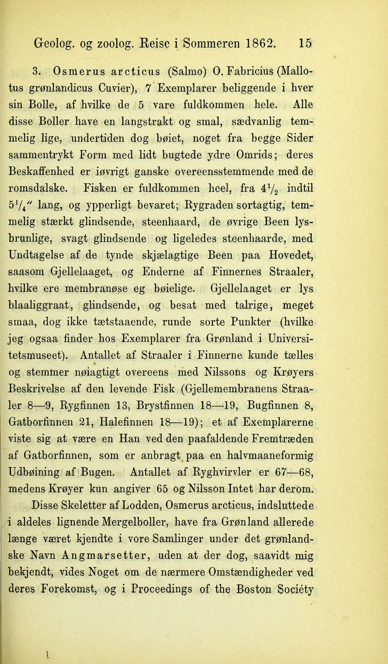 3. Osmerus arcticus (Salmo) O. Fabricius (Mallo- tus grønlandicus Cuvier), 7 Exemplarer beliggende i hver sin Bolle, af hvilke de 5 vare fuldkommen hele. Alle disse Boller have en langstrakt og smal, sædvanlig tem- melig lige, undertiden dog bøiet, noget fra begge Sider sammentrykt Form med lidt bugtede ydre Omrids; deres Beskaffenhed er iøvrigt ganske overeensstemmende med de romsdalske. Fisken er fuldkommen heel, fra 4V2 indtil 5% lang, og ypperligt bevaret; Rygraden sortagtig, tem- melig stærkt giindsende, steenhaard, de øvrige Been lys- brunlige, svagt giindsende og ligeledes steenhaarde, med Undtagelse af de tynde skjælagtige Been paa Hovedet, saasom Gjellelaaget, og Enderne af Finnernes Straaler, hvilke ere membranøse eg bøielige. Gjellelaaget er lys blaaliggraat, giindsende, og besat med talrige, meget smaa, dog ikke tætstaaende, runde sorte Punkter (hvilke jeg ogsaa finder hos Exemplarer fra Grønland i Universi- tetsmuseet). Antallet af Straaler i Finnerne kunde tælles og stemmer nøiagtigt overeens med Nilssons og Krøyers Beskrivelse af den levende Fisk (Gjellemembranens Straa- ler 8—9, Rygfinnen 13, Brystfinnen 18—19, Bugfinnen 8, Gatborfinnen 21, Halefinnen 18—19); et af Exemplarerne viste sig at være en Han ved den paafaldende Fremtræden af Gatborfinnen, som er anbragt paa en halvmaaneformig Udbøining af Bugen. Antallet af Ryghvirvler er 67—68, medens Krøyer kun angiver 65 og Nilsson Intet har derom. Disse Skeletter af Lodden, Osmerus arcticus, indsluttede i aldeles lignende Mergelboller, have fra Grønland allerede længe været kjendte i vore Samlinger under det grønland- ske Navn Angmarsetter, uden at der dog, saavidt mig bekjendt, vides Noget om de nærmere Omstændigheder ved deres Forekomst, og i Proceedings of the Boston Sociéty