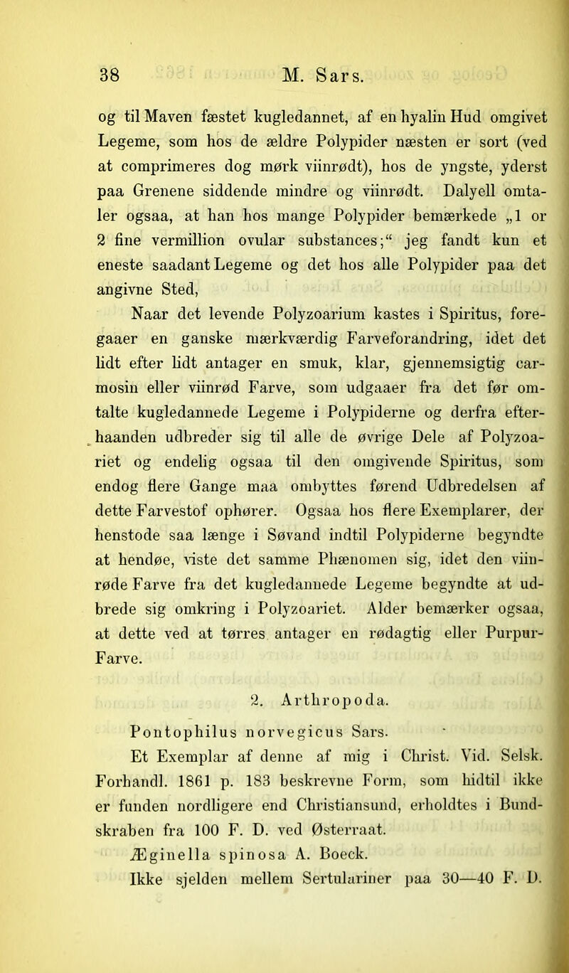 og til Maven fæstet kugledannet, af en hyalin Hud omgivet Legeme, som hos de ældre Polypider næsten er sort (ved at comprimeres dog mørk viinrødt), hos de yngste, yderst paa Grenene siddende mindre og viinrødt. Dalyell omta- ler ogsaa, at han hos mange Polypider bemærkede „1 or 2 fine vermillion ovular substances;“ jeg fandt kun et eneste saadant Legeme og det hos alle Polypider paa det angivne Sted, Naar det levende Polyzoarium kastes i Spiritus, fore- gaaer en ganske mærkværdig Farveforandring, idet det lidt efter lidt antager en smuk, klar, gjennemsigtig car- mosin eller viinrød Farve, som udgaaer fra det før om- talte kugledannede Legeme i Polypiderne og derfra efter- haanden udbreder sig til alle de øvrige Dele af Polyzoa- riet og endelig ogsaa til den omgivende Spiritus, som endog flere Gange maa ombyttes førend Udbredelsen af dette Farvestof ophører. Ogsaa hos flere Exemplarer, der henstode saa længe i Søvand indtil Polypiderne begyndte at hendøe, viste det samme Phænomen sig, idet den viin- røde Farve fra det kugledannede Legeme begyndte at ud- brede sig omkring i Polyzoariet. Alder bemærker ogsaa, at dette ved at tørres antager en rødagtig eller Purpur- Farve. 2. Arthropoda. Pontophilus norvegicus Sars. Et Exemplar af denne af mig i Christ. Vid. Selsk. Forhandl. 1861 p. 183 beskrevne Form, som hidtil ikke er funden nordligere end Christiansund, erholdtes i Bund- skraben fra 100 F. D. ved Østerraat. Æginella spinosa A. Boeck. Ikke sjelden mellem Sertulariner paa 30—40 F. D.