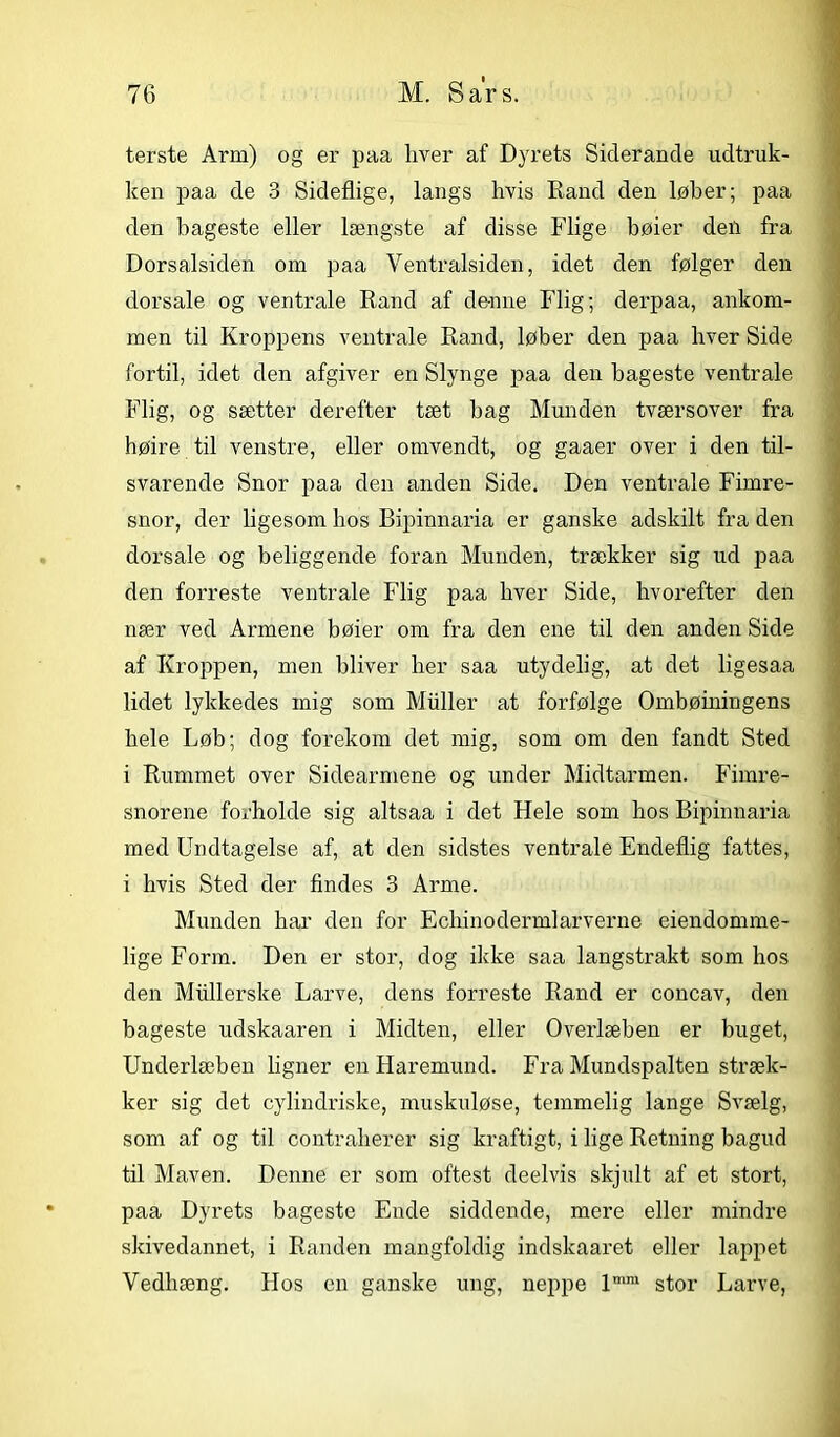 terste Ai’m) og er paa liver af Dyrets Siclerande udtruk- ken paa de 3 Sideflige, langs hvis Rand den løber; paa den bageste eller længste af disse Flige bøier deil fra Dorsalsiden om paa Ventralsiden, idet den følger den dorsale og ventrale Rand af denne Flig; derpaa, ankom- men til Kroppens ventrale Rand, løber den paa hver Side fortil, idet den afgiver en Slynge paa den bageste ventrale Flig, og sætter derefter tæt bag Munden tværsover fra høire til venstre, eller omvendt, og gaaer over i den til- svarende Snor paa den anden Side. Den ventrale Fimre- snor, der ligesom hos Bipinnaria er ganske adskilt fra den dorsale og beliggende foran Munden, trækker sig ud paa den forreste ventrale Flig paa hver Side, hvorefter den nær ved Armene bøier om fra den ene til den anden Side af Kroppen, men bliver her saa utydelig, at det ligesaa lidet lykkedes mig som Muller at forfølge Ombøiningens hele Løb; dog forekom det mig, som om den fandt Sted i Rummet over Sidearmene og under Midtarmen. Fimre- snorene forholde sig altsaa i det Hele som hos Bipinnaria med Undtagelse af, at den sidstes ventrale Endeflig fattes, i hvis Sted der findes 3 Arme. Munden har den for Echinodermlarverne eiendomme- lige Form. Den er stor, dog ikke saa langstrakt som hos den Mullerske Larve, dens forreste Rand er concav, den bageste udskaaren i Midten, eller Overlæben er buget, Underlæben ligner en Haremund. Fra Mundspalten stræk- ker sig det cylindriske, muskuløse, temmelig lange Svælg, som af og til contraherer sig kraftigt, i lige Retning bagud til Maven. Denne er som oftest deelvis skjult af et stort, paa Dyrets bageste Ende siddende, mere eller mindre skivedannet, i Randen mangfoldig indskaaret eller lappet Vedhæng. Hos en ganske ung, neppe lmra stor Larve,