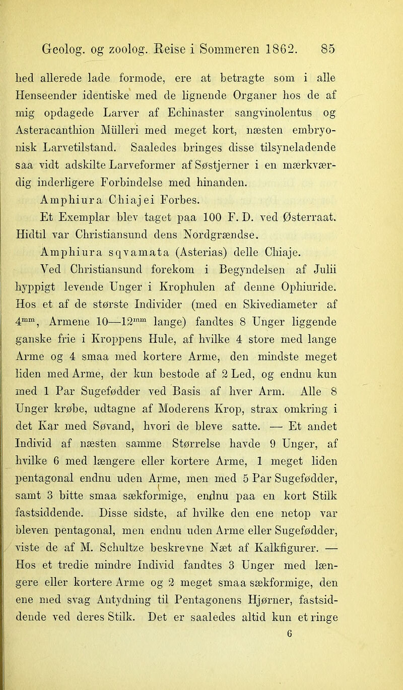 hed allerede lade formode, ere at betragte som i alle Henseender identiske med de lignende Organer hos de af mig opdagede Larver af Echinaster sangvinolentus og Asteracantliion Mulleri med meget kort, næsten embryo- nisk Larvetilstand. Saaledes bringes disse tilsyneladende saa vidt adskilte Larveformer af Søstjerner i en mærkvær- dig inderligere Forbindelse med hinanden. Amphiura Chiajei Forbes. Et Exemplar blev taget paa 100 F. D. ved Østerraat. Hidtil var Christiansund dens Nordgrændse. Amphiura sqvamata (Asterias) delle Cliiaje. Ved Christiansund forekom i Begyndelsen af Julii hyppigt levende Unger i Krophulen af denne Ophiuride. Hos et af de største Individer (med en Skivediameter af 4mm, Armene 10—-12mm lange) fandtes 8 Unger liggende ganske frie i Kroppens Flule, af hvilke 4 store med lange Arme og 4 smaa med kortere Arme, den mindste meget liden med Arme, der kun bestode af 2 Led, og endnu kun med 1 Par Sugefødder ved Basis af hver Arm. Alle 8 Unger krøbe, udtagne af Moderens Krop, strax omkring i det Kar med Søvand, hvori de bleve satte. — Et andet Individ af næsten samme Størrelse havde 9 Unger, af hvilke 6 med længere eller kortere Arme, 1 meget liden pentagonal endnu uden Arme, men med 5 Par Sugefødder, samt 3 bitte smaa sækformige, endnu paa en kort Stilk fastsiddende. Disse sidste, af hvilke den ene netop var bleven pentagonal, men endnu uden Arme eller Sugefødder, viste de af M. Schultze beskrevne Næt af Kalkfigurer. — Hos et tredie mindre Individ fandtes 3 Unger med læn- gere eller kortere Arme og 2 meget smaa sækformige, den ene med svag Antydning til Pentagonens Hjørner, fastsid- dende ved deres Stilk. Det er saaledes altid kun et ringe 6