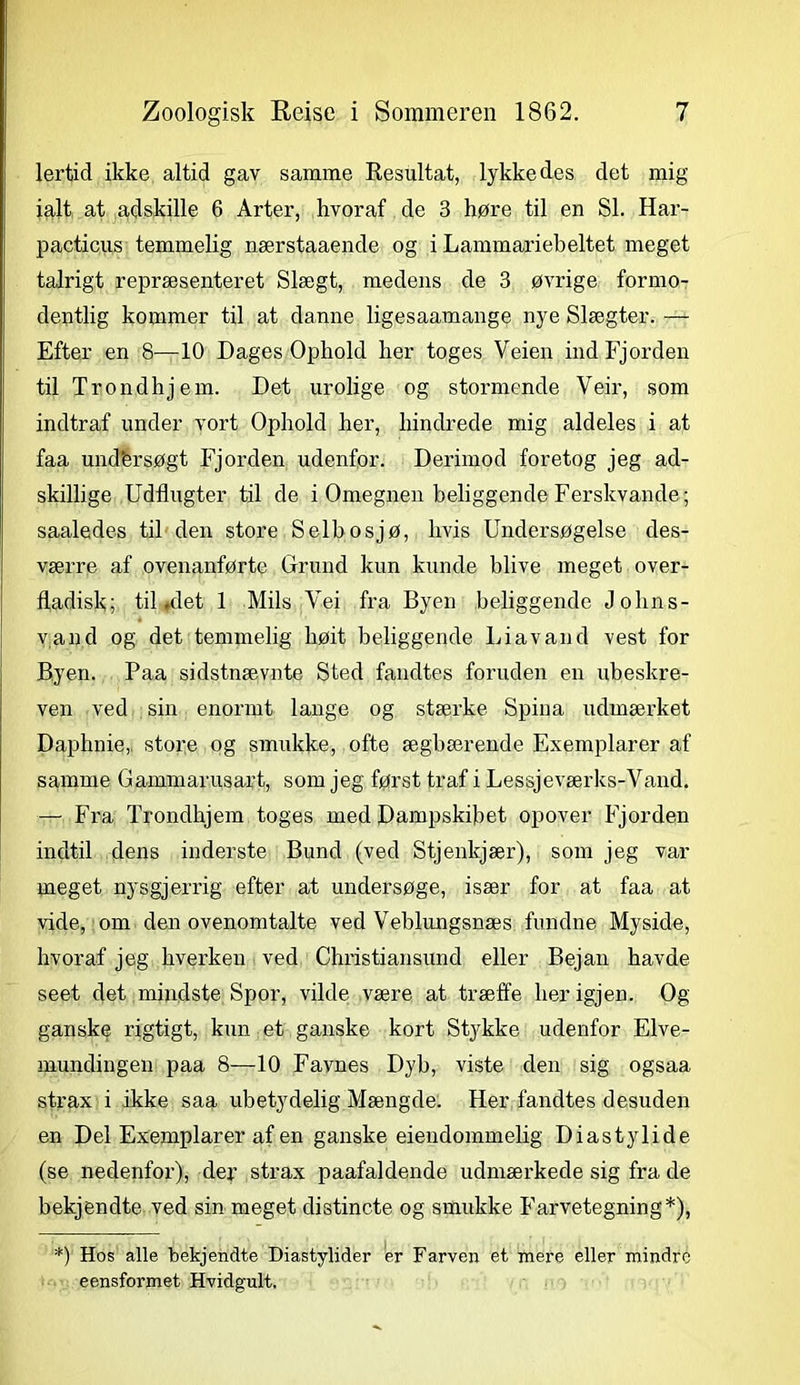 lertid ikke altid gav samme Resultat, lykkedes det mig ialt at adskille 6 Arter, hvoraf de 3 høre til en SI. Har- pacticus temmelig nærstaaende og i Lammariebeltet meget talrigt repræsenteret Slægt, medens de 3 øvrige formo- dentlig kommer til at danne ligesaamange nye Slægter. — Efter en 8—10 Dages Ophold her toges Veien ind Fjorden til Trondhjem. Det urolige og stormende Veir, som indtraf under vort Ophold her, hindrede mig aldeles i at faa und'ersøgt Fjorden udenfor. Derimod foretog jeg ad- skillige Udflugter til de i Omegnen beliggende Ferskvande; saaledes til den store Selbosjø, hvis Undersøgelse des- værre af ovenanførte Grund kun kunde blive meget over- fladisk; til »det 1 Mils Vei fra Byen beliggende Jolins- vand og det temmelig høit beliggende Liavand vest for Byen. Paa sidstnævnte Sted fandtes foruden en ubeskre- ven ved sin enormt lange og stærke Spina udmærket Daphnie,, store og smukke, ofte ægbærende Exemplarer af samme Gammarusart, som jeg først traf i Lessjeværks-Vand. — Fra Trondhjem toges med Dampskibet opover Fjorden indtil dens inderste Bund (ved Stjenkjær), som jeg var meget nysgjerrig efter at undersøge, især for at faa at vide, om den ovenomtalte ved Veblungsnæs fundne Myside, hvoraf jeg hverken ved Christiansund eller Bejan havde seet det mindste Spor, vilde være at træffe lierigjen. Og ganske rigtigt, kun et ganske kort Stykke udenfor Elve- mundingen paa 8—10 Favnes Dyb, viste den sig ogsaa strax i ikke saa ubetydelig Mængde. Her fandtes desuden en Del Exemplarer af en ganske eiendommelig Diastylide (se nedenfor), der strax paafaldende udmærkede sig fra de bekjendte ved sin meget distincte og smukke Farvetegning*), *) Hos alle bekjendte Diastylider er Farven et mere eller mindre eensformet Hvidgult.