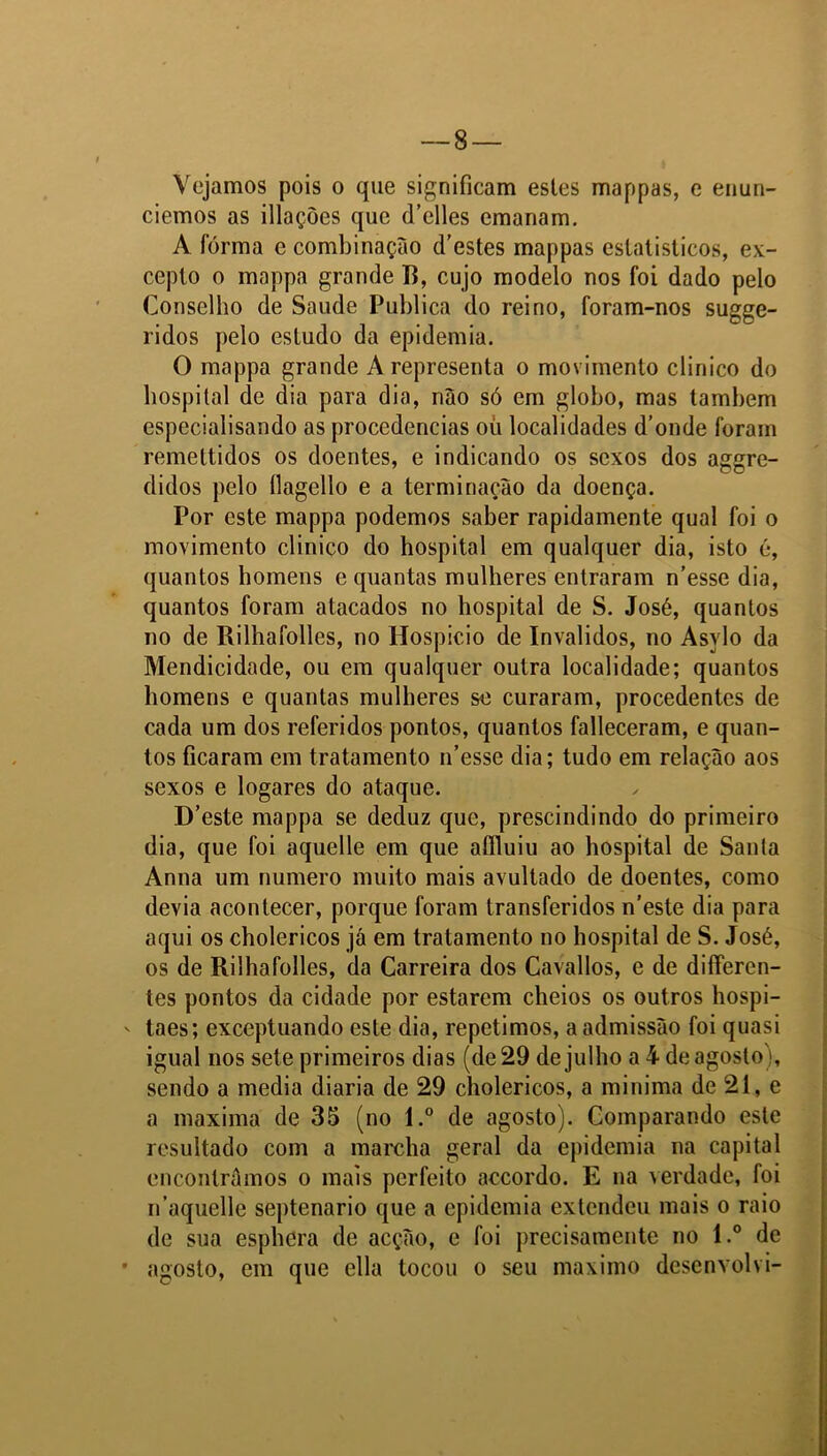 Vejamos pois o que significam esles mappas, e enun- ciemos as illações que (Telles emanam. A forma e combinação (Testes mappas estatísticos, ex- cepío o mappa grande B, cujo modelo nos foi dado pelo Conselho de Saude Publica do reino, foram-nos sugge- ridos pelo estudo da epidemia. O mappa grande A representa o movimento clinico do hospital de dia para dia, não só em globo, mas também especialisando as procedências oü localidades d’onde foram remettidos os doentes, e indicando os sexos dos aggre- didos pelo ílagello e a terminação da doença. Por este mappa podemos saber rapidamente qual foi o movimento clinico do hospital em qualquer dia, isto é, quantos homens e quantas mulheres entraram n’esse dia, quantos foram atacados no hospital de S. José, quantos no de Rilhafolles, no Hospício de Inválidos, no Asylo da Mendicidade, ou em qualquer outra localidade; quantos homens e quantas mulheres se curaram, procedentes de cada um dos referidos pontos, quantos falleceram, e quan- tos ficaram em tratamento iTesse dia; tudo em relação aos sexos e logares do ataque. D’este mappa se deduz que, prescindindo do primeiro dia, que foi aquelle em que aífluiu ao hospital de Santa Anna um numero muito mais avultado de doentes, como devia acontecer, porque foram transferidos n’este dia para aqui os cholericos já em tratamento no hospital de S. José, os de Rilhafolles, da Carreira dos Cavallos, e de diíTeren- tes pontos da cidade por estarem cheios os outros hospi- ' taes; exceptuando este dia, repetimos, a admissão foi quasi igual nos sete primeiros dias (de 29 de julho a 4 de agosto), sendo a media diaria de 29 cholericos, a minima de 21, e a maxima de 35 (no l.° de agosto). Comparando este resultado com a marcha geral da epidemia na capital encontramos o mais perfeito accordo. E na verdade, foi iTaquelle septenario que a epidemia extendeu mais o raio de sua esphera de acção, e foi precisamente no l.° de • agosto, em que ella tocou o seu máximo desenvolvi-