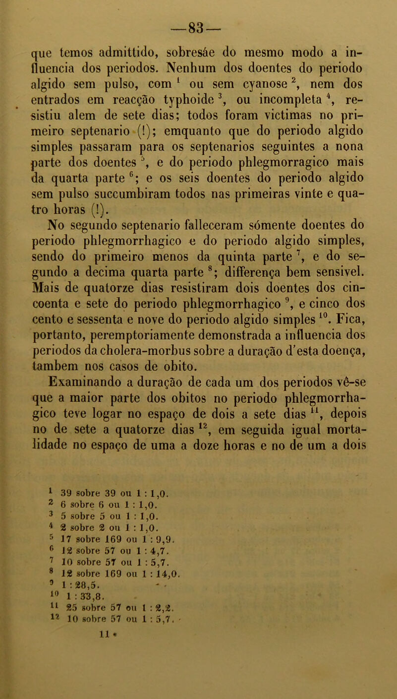 83 que temos admittido, sobresáe do mesmo modo a in- fluencia dos periodos. Nenhum dos doentes do periodo algido sem pulso, com 1 ou sem cyanose2, nem dos entrados em reacção typhoide3, ou incompleta 4, re- sistiu alem de sete dias; todos foram victimas no pri- meiro septenario ■(!); emquanto que do periodo algido simples passaram para os septenarios seguintes a nona parte dos doentes 5, e do periodo phlegmorragico mais da quarta parte 6 7; e os seis doentes do periodo algido sem pulso succumbiram todos nas primeiras vinte e qua- tro horas (!). No segundo septenario falleceram sómente doentes do periodo phlegmorrhagico e do periodo algido simples, sendo do primeiro menos da quinta parte \ e do se- gundo a decima quarta parte 8; differença bem sensível. Mais de quatorze dias resistiram dois doentes dos cin- coenta e sete do periodo phlegmorrhagico 9, e cinco dos cento e sessenta e nove do periodo algido simples 10. Fica, portanto, peremptoriamente demonstrada a influencia dos periodos da cholera-morbus sobre a duração d’esta doença, também nos casos de obito. Examinando a duração de cada um dos periodos vê-se que a maior parte dos obitos no periodo phlegmorrha- gico teve logar no espaço de dois a sete diasll, depois no de sete a quatorze dias 12, em seguida igual morta- lidade no espaço de uma a doze horas e no de um a dois 1 39 sobre 39 ou 1 : 1,0. 2 6 sobre 6 ou 1 : 1,0. 3 5 sobre 5 ou 1 : 1,0. 4 2 sobre 2 ou 1 : 1,0. 5 17 sobre 169 ou 1 : 9,9. r> 12 sobre 57 ou 1 : 4,7. 7 10 sobre 57 ou I : 5,7. 8 J2 sobre 169 ou 1 : 14,0. 3 1 :28,5. 10 1 : 3-3,8. 25 sobre 57 ou 1 : 2,2. 12 10 sobre 57 ou 1 : 5,7. -