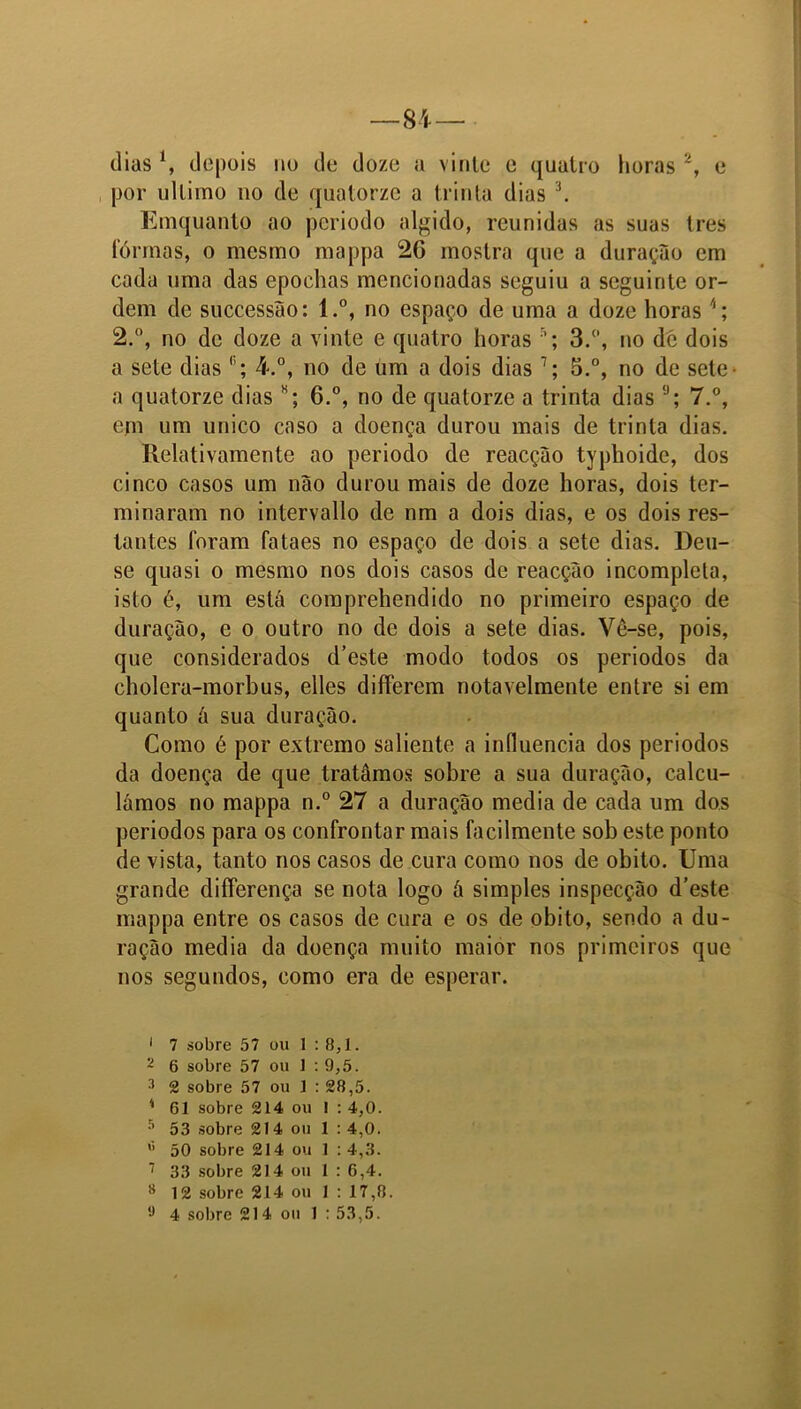 84— dias *, depois no de doze a vinte e quatro horas 1 2 3 * 5 *, e por ultimo no de quatorze a trinta dias J. Emquanto ao periodo algido, reunidas as suas tres fôrmas, o mesmo mappa 26 mostra que a duração em cada uma das epochas mencionadas seguiu a seguinte or- dem de successão: l.°, no espaço de uma a doze horas 2.°, no de doze a vinte e quatro horas r’; 3.°, no dé dois a sete dias 4.°, no de um a dois dias 7 8; 5.°, no de sete- a quatorze dias H; 6.°, no de quatorze a trinta dias IJ; 7.°, em um unico caso a doença durou mais de trinta dias. Relativamente ao periodo de reacção typhoidc, dos cinco casos um não durou mais de doze horas, dois ter- minaram no intervallo de nm a dois dias, e os dois res- tantes foram fataes no espaço de dois a sete dias. Deu- se quasi o mesmo nos dois casos de reacção incompleta, isto é, um está coraprehendido no primeiro espaço de duração, e o outro no de dois a sete dias. Vê-se, pois, que considerados d’este modo todos os periodos da cholera-morbus, elles differem notavelmente entre si em quanto á sua duração. Como é por extremo saliente a influencia dos periodos da doença de que tratamos sobre a sua duração, calcu- lámos no mappa n.° 27 a duração media de cada um dos periodos para os confrontar mais facilmente sob este ponto de vista, tanto nos casos de cura como nos de obito. Uma grande differença se nota logo á simples inspecção d’este mappa entre os casos de cura e os de obito, sendo a du- ração media da doença muito maior nos primeiros que nos segundos, como era de esperar. 1 7 sobre 57 ou 1 : 8,1. 2 6 sobre 57 ou 1 : 9,5. 3 2 sobre 57 ou 1 : 28,5. * 61 sobre 214 ou I : 4,0. 5 53 sobre 214 ou 1 : 4,0.  50 sobre 214 ou 1 : 4,3. 7 33 sobre 214 ou 1 : 6,4. 8 12 sobre 214 ou 1 : 17,8.