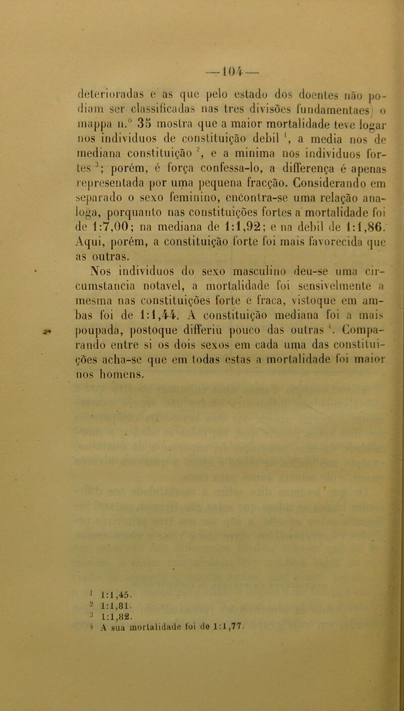 deterioradas e as que pelo estado dos doentes não po- diam ser classificadas nas tres divisões fundamentaes o mappa n.° 35 mostra que a maior mortalidade teve logar nos indivíduos de constituição debil ', a media nos de mediana constituição e a minima nos indivíduos for- tes 3; porém, é força confessa-lo, a difíerença é apenas representada por uma pequena fracção. Considerando em separado o sexo feminino, encontra-se uma relação ana- ioga, porquanto nas constituições fortes a mortalidade foi de 1:7,00; na mediana de 1:1,92; e na debil de 1:1,86. Aqui, porém, a constituição forte foi mais favorecida que as outras. Nos indivíduos do sexo masculino deu-se uma cir- cumstancia notável, a mortalidade foi sensivelmente a mesma nas constituições forte e fraca, vistoque em am- bas foi de 1:1,44. A constituição mediana foi a mais poupada, postoque differiu pouco das outras Compa- rando entre si os dois sexos em cada uma das constitui- ções acha-se que em todas estas a mortalidade foi maior nos homens. ' 1:1,45. 2 1:1,81. :i 1:1,88. A sua mortalidade foi de 1:1,77.