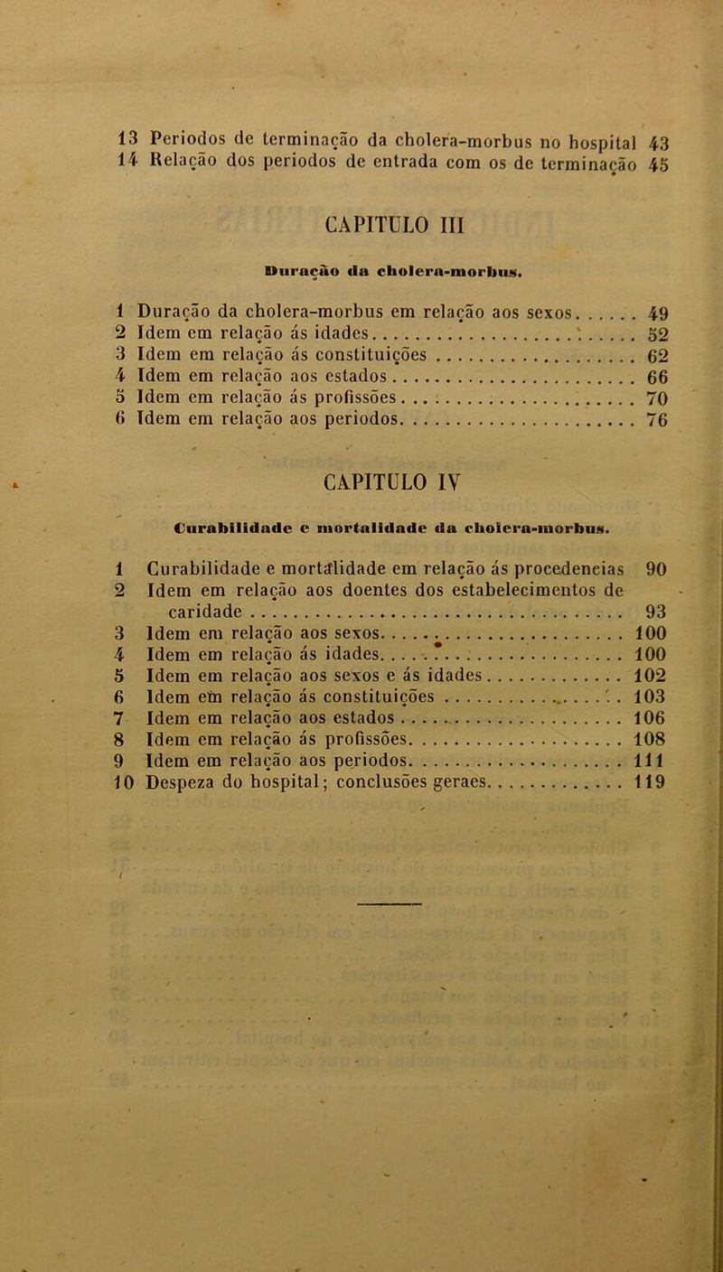 14 ttelação dos períodos de entrada com os de terminação 45 CAPITULO III Duração «I» cholcrn-morbus. 1 Duração da cholera-morbus em relação aos sexos 49 2 Idem em relação ás idades 32 3 Idem em relação ás constituições 62 4 Idem em relação aos estados 66 5 Idem cm relação ás profissões 70 6 Idem em relação aos períodos 76 CAPITULO IV Durabilidade c mortalidade da choiera-morbus. 1 Curabilidade e mortalidade em relação ás procedências 90 2 Idem em relação aos doentes dos estabelecimentos de caridade 93 3 Idem em relação aos sexos 100 4 Idem em relação ás idades 100 5 Idem em relação aos sexos e ás idades 102 6 Idem eín relação ás constituições 103 7 Idem em relação aos estados 106 8 Idem cm relação ás profissões 108 9 Idem em relação aos períodos 111 10 Despeza do hospital; conclusões geracs 119