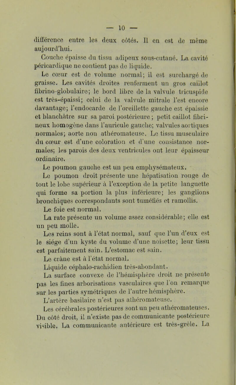 (Uiïérenco entre les deux côtés. Il en est de même aujourd’hui. Couche épaisse du tissu adipeux sous-cutané. La cavité péricardique ne contient pas de liipiide. Le cœur est de volume normal; il est surchargé de graisse. Les cavités droites renferment un gros caillot librino•globulaire; le bord libre de la valvule tiicuspide est très-épaissi; celui de la valvule mitrale l’est encore davantage; l’endocarde de l’oreillette gauche est épaissie et blanchâtre sur sa paroi postérieure ; petit caillot fibri- neux homogène dans l’auricule gauche; valvules aortiques normales; aorte non athéromateuse. Le tissu musculaire du cœair est d’une coloration et d’une consistance nor- males; les parois des deux ventricules ont leur épaisseur ordinaire. Le poumon gauche est un peu emphysémateux. Le poumon droit présente une hépatisation rouge de tout le lobe supérieur à rexception de la petite languette qui forme sa portion la plus inférieure; les ganglions bronchiques correspondants sont tuméfiés et ramollis. Le foie est normal. La rate présente un volume assez considérable; elle est un peu molle. Les reins sont à l’état normal, sauf que l’im d’eux est le siège d’un kyste du volume d’une noisette; leur tissu est parfaitement sain. L’estomac est sain. Le crâne est â l’état normal. Liquide céphalo-rachidien très-abondant. La surface convexe de l’héinisphère droit ne présente pas les fines arborisations vasculaires que l’on remarque sur les parties symétriques de l’autre hémisphère. L’artère basilaire n’est pas athéromateuse. Les cérébrales postérieures sont un peu athéromateuses. Du côté droit, il n’existe pas de communicante postérieure visible, La communicante antérieure est très-gréle. La