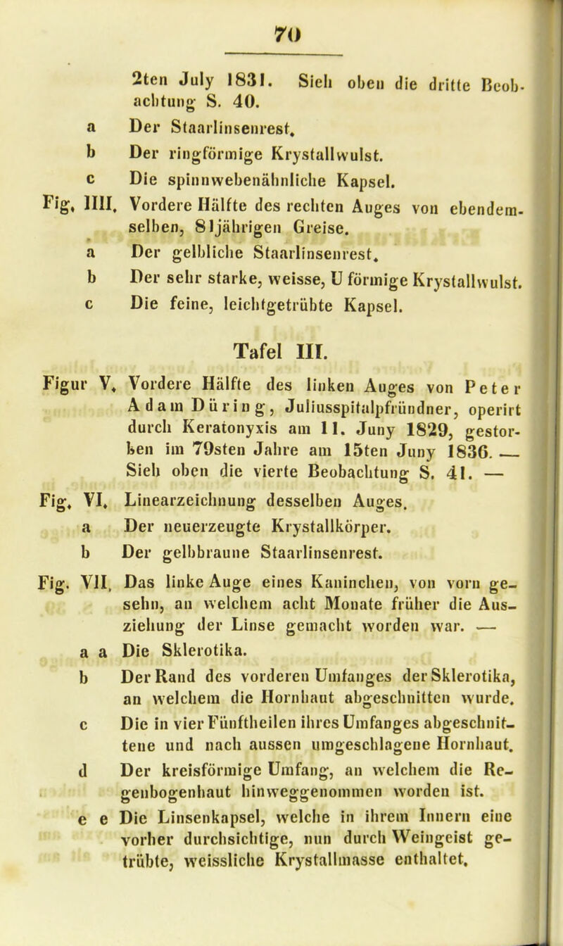 2ten July 1831. Sieh oben die dritte Beob- achtung S. 40. a Der Staarlinseiirest. b Der ringförmige Krystallwulst. c Die spinnwebenähnliche Kapsel. Fig. 1111. Vordere Hälfte des rechten Auges von ebendem- selben, 81jährigen Greise. a Der gelbliche Staarlinsenrest. b Der sehr starke, weisse, U förmige Krystallwulst. c Die feine, leichfgetrübte Kapsel. Tafel III. Figur V. Vordere Hälfte des linken Auges von Peter Adam Düring, Juliusspitalpfründner, operirt durch Keratonyxis am 11. Juny 1829, gestor- ben im 79sten Jahre am löten Juny 1830. Sieh oben die vierte Beobachtung S. 41. — Fig. VI. Linearzeichnung desselben Auges, a Der neuerzeugte Krystallkörper. b Der gelbbraune Staarlinseiirest. Fig. VII, Das linke Auge eines Kaninchen, von vorn ge- sehn, an welchem acht Monate früher die Aus- ziehung der Linse gemacht worden war. — a a Die Skierotika. b Der Rand des vorderen Umfanges der Skierotika, an welchem die Hornhaut abgeschnitten wurde, c Die in vier Fünftheilen ihres Umfanges abgeschnit- tene und nach aussen umgeschlageue Hornhaut. d Der kreisförmige Umfang, an welchem die Re- . geubogenhaut hinweggenommen worden ist. e e Die Linsenkapsel, welche in ihrem Innern eine vorher durchsichtige, nun durch Weingeist ge- trübte, w’eissllche Krystalhnasse enthaltet.
