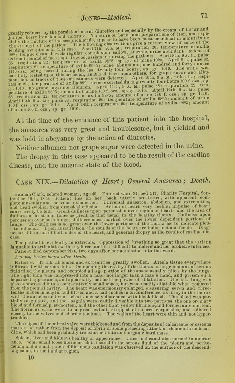 juinper bei ry ‘“l®“?.“.“^^hionde appear to have been most beneficial in maintaining S?a^KwiK^fSS*w extremities and efface ; spirits pood, assists in “^rs'ng the patienu‘^fP April’gth’ pulse 92, 8G , S3\S a^uundmit^oM6 hundred a”d forty ounces tiventy-ioui horns;’ sp g, 1010. 'J he urine * as carefully tested upon this occasion, as it h d }fn »ponothe,B or giape sn,ar and albu- men, but no traces of these substances -were detected -April 10th, 9'A. M., ]lube ■ , 1 rati, n ssl • temperature of axilla 99° : urine excreted duung twenty-tom hours 100 1 ozs , sp g lilU no g>ap6 8uK,a no, albumen. April 11th, 9 a. M; f Vli/ff t , 2 m Ue perature of axilla 98°5 ; amount of urine K0 t. ozs,; sp. gr. 1010. A pi ll 1-th; 9 a. m pr 88; respiration 22; temperature oi axilla 98°5; amount of urine 1«.0I f. ™.l of urine April 13th, 9 a. m.; pulse 88; respiration 2u ; temperature of axilla 98°5; amount of urine HOf ozs ; sp. gr. lulu. April 14th; respiration 20; temperature of axilla J8 5; amount of urine li.0 f. ozs.; sp. gr. 1010. At the time of tlie entrance of this patient into the hospital, the anasarca was very great and troublesome, but it yielded and was held in abeyance by the action ot diuretics. Neither albumen nor grape sugar were detected in the urine. The dropsy in this case appeared to be the result of the cardiac disease, and the anaemic state of the blood. CASE XIX.—Dilatation oj Heart; General Anasarca ; Death. Hannah Clark, colored woman ; age 40. Entered ward 34, bed 517, Charity Hospital, Sep- tember 19th, 1869. Patient lies on her back utterly prostrated, with apparent com- plete muscular and nervous exhaustion. Universal anasarca; abdomen, and extremities, and head swollen fioin dropsical effusion. Action of heart very feeble; impulse of heart can scarcely be felt. Gieat dullness upon percussion over region of heart; and the area of dullness at least lour times as great as that usual in the healthy thorax. Dullness upon percussion over both lungs; dullness most marked over the lower dependent portions of lungs. The dullness is so great over the lower portions of the thorax as to indicate pleu- ritic effusion. Upon auscultation, the sounds of the heait are indistinct and feeble Diag- nosis : dilatation of both sides of the heart, and generaal dropsy as the result of caidiac dis- ease. The patient is evidently in extremis. Oppression of breathing so great that the > atient is unable to articulate w fh any force, and it i difficult to understand liei broken sentences. Pacieot died September 2Ut, two days after her aamission into the waid. Autopsy twelve hours after Death. Exterior.-Trunk abdomen and extremities greatly swollen. Areola tissue everywhere infiltrated with serous fluid. On opeuing the ca ity of the thorax, a large amount ot serous fluid filled the pleura, and occupied a Uige portion of the space usually filleu by the lungs. 'J he right lung was compressed into a mas - not larger man a man’s hand, and pre-sen eu a hepaiized appearance, and apparently had lost the power of dilatation, i he Kfo lung » as also compressed into a comparatively small space, hut was readily dilatable when removed from the pleural cavity. 1 he heart was enormously enlarged, mtnsuring sev. n and three- tenths inches in length, and liftmen and a half inches in oircumference, as it lay iu the thoiax with the auricles and vent iclrs i . meusely distended with bl»ck blood. The bl>.od was par- tially coagulated, and the coagula were eadily divisible into two porth ns the one or- mary blood and formed p .st-mortem, and the other light j eilow fibrinous,and formed ante-mortem. The fibrinous cl ts were to a great extent, stripped of co ored corpuscles, and adhered closely to the valves and chord© tendmas. The w alls of the heart were thin and not hyper- trophied The edges of the mitral valve were thickened and from the deposits of calcareous or osseous matter; or rather from the deposit of fibrin iu some preceding attack of rheumatic endocar- ditis, which had been gradually transformed into an inorganic hard, mass Spleen, liver and kidneys healthy iu appearance. Intestinal canal also normal in appear- ance. Some small loose fibriuous clots floated in the serous fluid of the pleura and perito- neum; and a small pateh of fibrinous exudation was observed on the surface of the descend- ing colon, in the lumbar region. 10