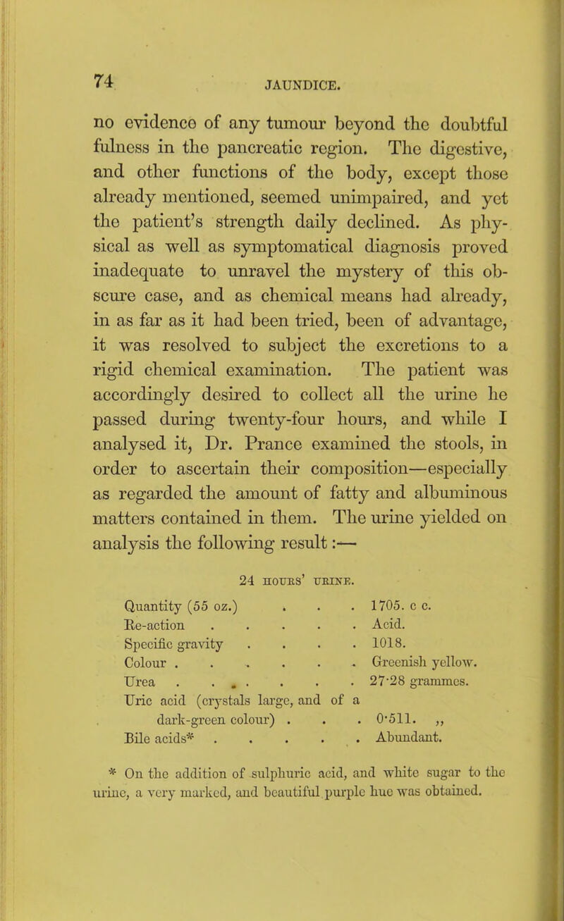 no evidenco of any tumour beyond the doubtful fulness in the pancreatic region. The digestive, and other functions of the body, except those already mentioned, seemed unimpaired, and yet the patient’s strength daily declined. As phy- sical as well as symptomatical diagnosis proved inadequate to unravel the mystery of this ob- scure case, and as chemical means had already, in as far as it had been tried, been of advantage, it was resolved to subject the excretions to a rigid chemical examination. The patient was accordingly desired to collect all the urine he passed during twenty-four hours, and while I analysed it, Dr. Prance examined the stools, in order to ascertain their composition—especially as regarded the amount of fatty and albuminous matters contained in them. The urine yielded on analysis the following result Uric acid (crystals large, and of a dark-green colour) . . . 0’511. ,, Bile acids* Abundant. * On the addition of sulphuric acid, and white sugar to the urine, a very marked, and beautiful purple hue was obtained. 24 nouns’ ukine. Quantity (55 oz.) Be-action Specific gravity Colour . Urea . . . . Greenish yellow. . 2 7’2 8 grammes. . 1705. c c. . Acid. . 1018.