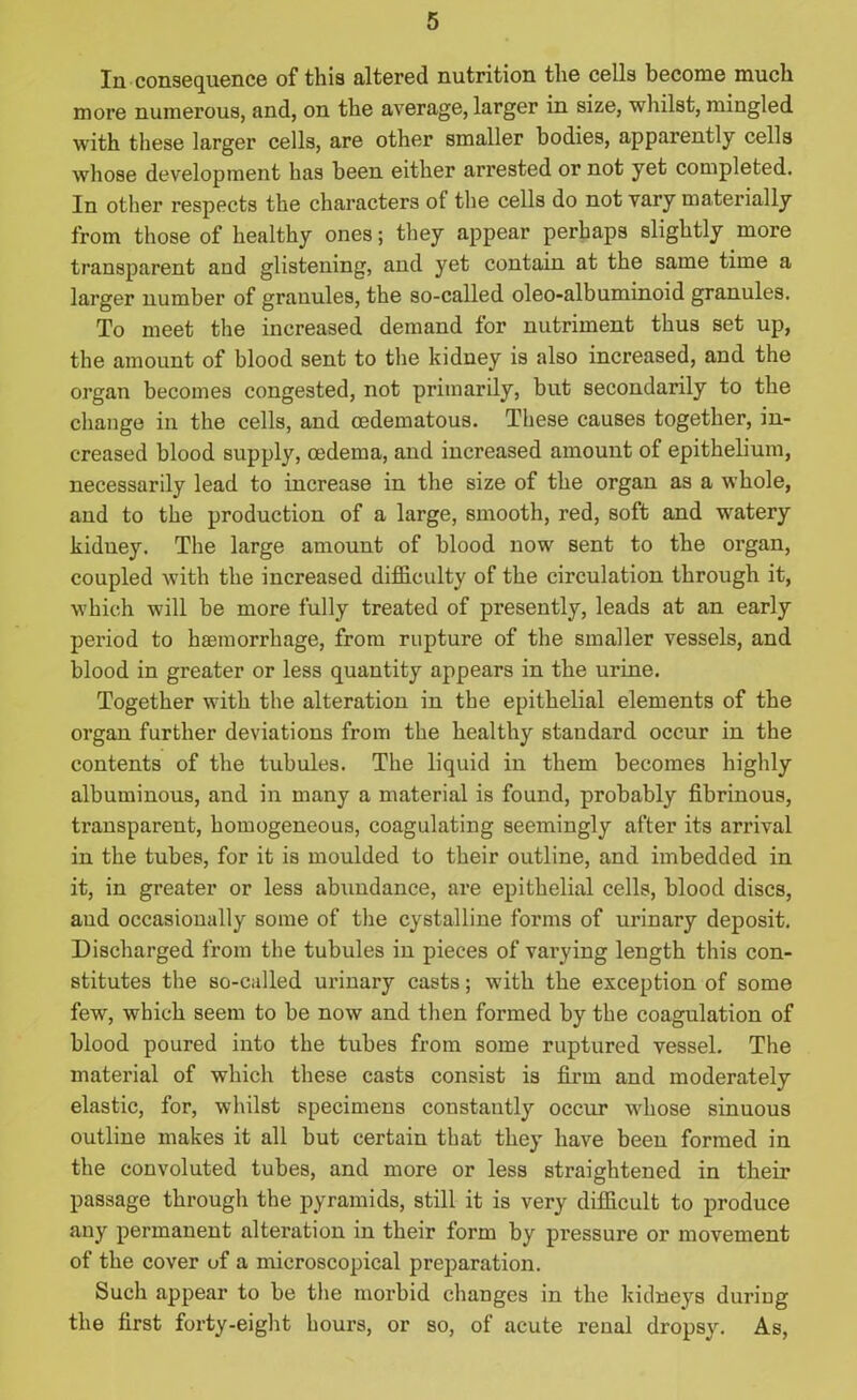 In consequence of this altered nutrition the cells become much more numerous, and, on the average, larger in size, whilst, mingled with these larger cells, are other smaller bodies, apparently cells whose development has been either arrested or not yet completed. In other respects the characters ot the cells do not vary materially from those of healthy ones; they appear perhaps slightly more transparent and glistening, and yet contain at the same time a larger number of granules, the so-called oleo-albuminoid granules. To meet the increased demand for nutriment thus set up, the amount of blood sent to the kidney is also increased, and the organ becomes congested, not primarily, but secondarily to the change in the cells, and cedematous. These causes together, in- creased blood supply, oedema, and increased amount of epithelium, necessarily lead to increase in the size of the organ as a whole, and to the production of a large, smooth, red, soft and watery kidney. The large amount of blood now sent to the organ, coupled with the increased difficulty of the circulation through it, which will be more fully treated of presently, leads at an early period to haemorrhage, from rupture of the smaller vessels, and blood in greater or less quantity appears in the urine. Together with the alteration in the epithelial elements of the organ further deviations from the healthy standard occur in the contents of the tubules. The liquid in them becomes highly albuminous, and in many a material is found, probably fibrinous, transparent, homogeneous, coagulating seemingly after its arrival in the tubes, for it is moulded to their outline, and imbedded in it, in greater or less abundance, are epithelial cells, blood discs, and occasionally some of the cystalline forms of urinary deposit. Discharged from the tubules in pieces of varying length this con- stitutes the so-called urinary casts; with the exception of some few, which seem to be now and then formed by the coagulation of blood poured into the tubes from some ruptured vessel. The material of which these casts consist is firm and moderately elastic, for, whilst specimens constantly occur whose sinuous outline makes it all but certain that they have been formed in the convoluted tubes, and more or less straightened in their passage through the pyramids, still it is very difficult to produce any permanent alteration in their form by pressure or movement of the cover of a microscopical preparation. Such appear to be the morbid changes in the kidneys during the first forty-eight hours, or so, of acute renal dropsy. As,