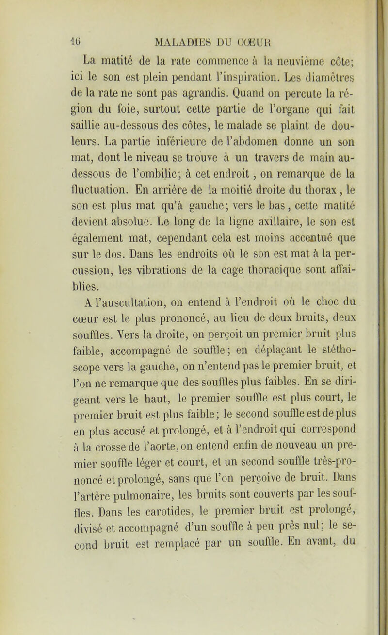 La matité de la rate commence à la neuvième côte; ici le son est plein pendant l’inspiration. Les diamètres de la rate ne sont pas agrandis. Quand on percute la ré- gion du l’oie, surtout cette partie de l’organe qui fait saillie au-dessous des côtes, le malade se plaint de dou- leurs. La partie inférieure de l’abdomen donne un son mat, dont le niveau se trouve à un travers de main au- dessous de l’ombilic; à cet endroit, on remarque de la fluctuation. En arrière de la moitié droite du thorax , le son est plus mat qu’à gauche; vers le bas, cette matité devient absolue. Le long de la ligne axillaire, le son est également mat, cependant cela est moins accentué que sur le dos. Dans les endroits où le son est mat à la per- cussion, les vibrations de la cage thoracique sont affai- blies. A l’auscultation, on entend à l’endroit où le choc du cœur est le plus prononcé, au lieu de deux bruits, deux souffles. Vers la droite, on perçoit un premier bruit plus faible, accompagné de souffle ; en déplaçant le stétho- scope vers la gauche, on n’entend pas le premier bruit, et l’on ne remarque que des souffles plus faibles. En se diri- geant vers le haut, le premier souffle est plus court, le premier bruit est plus faible; le second souffle est de plus en plus accusé et prolongé, et à l’endroit qui correspond à la crosse de l’aorte, on entend enfin de nouveau un pre- mier souffle léger et court, et un second souffle très-pro- noncé et prolongé, sans que l’on perçoive de bruit. Dans l’artère pulmonaire, les bruits sont couverts par les souf- fles. Dans les carotides, le premier bruit est prolongé, divisé et accompagné d’un souffle à peu près nul; le se- cond bruit est remplacé par un souffle. En avant, du