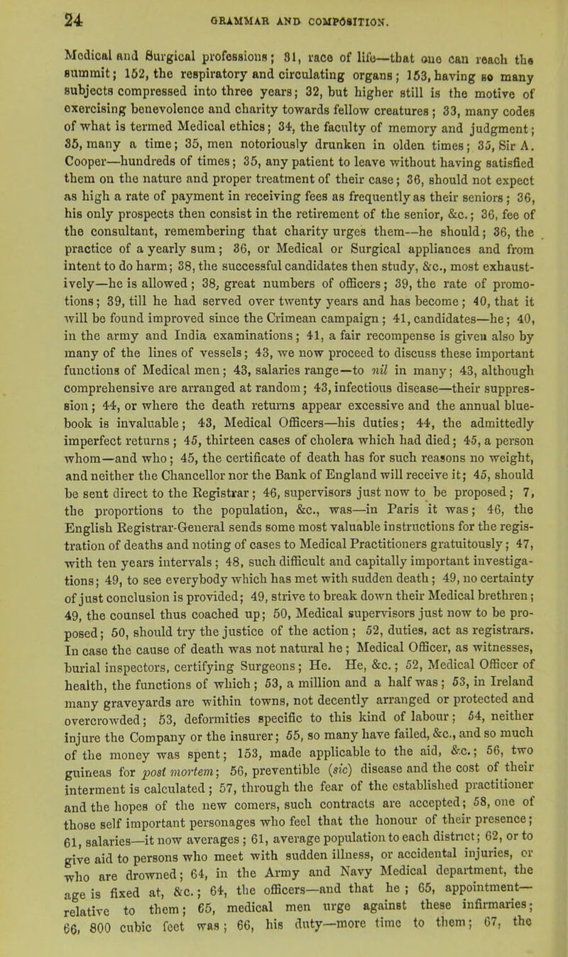 Medical and Surgical professions; 31, race of life—that ouo can reach the summit; 162, the respiratory and circulating organs; 153,having so many subjects compressed into three years; 32, but higher still is the motive of exercising benevolence and charity towards fellow creatures ; 33, many codes of what is termed Medical ethics; 34, the faculty of memory and judgment; 35, many a time; 35, men notoriously drunken in olden times; 35, Sir A. Cooper—hundreds of times; 35, any patient to leave without having satisfied them on the nature and proper treatment of their case; 36, should not expect as high a rate of payment in receiving fees as frequently as their seniors; 36, his only prospects then consist in the retirement of the senior, &c.; 36, fee of the consultant, remembering that charity urges them—he should; 36, the practice of a yearly sum; 36, or Medical or Surgical appliances and from intent to do harm; 38, the successful candidates then study, &c., most exhaust- ively—he is allowed ; 38, great numbers of officers; 39, the rate of promo- tions; 39, till he had served over twenty years and has become; 40, that it will be found improved since the Crimean campaign ; 41, candidates—he; 40, in the army and India examinations; 41, a fair recompense is given also by many of the lines of vessels; 43, we now proceed to discuss these important functions of Medical men; 43, salaries range—to nil in many; 43, although comprehensive are arranged at random; 43, infectious disease—their suppres- sion ; 44, or where the death returns appear excessive and the annual blue- book is invaluable; 43, Medical Officers—his duties; 44, the admittedly imperfect returns ; 45, thirteen cases of cholera which had died; 45, a person whom—and who; 45, the certificate of death has for such reasons no weight, and neither the Chancellor nor the Bank of England will receive it; 45, should be sent direct to the Registrar; 46, supervisors just now to be proposed; 7, the proportions to the population, &c., was—in Paris it was; 46, the English Registrar-General sends some most valuable instructions for the regis- tration of deaths and noting of cases to Medical Practitioners gratuitously; 47, with ten years intervals; 48, such difficult and capitally important investiga- tions; 49, to see everybody which has met with sudden death; 49, no certainty of just conclusion is provided; 49, strive to break down their Medical brethren; 49, the counsel thus coached up; 50, Medical supervisors just now to be pro- posed ; 50, should try the justice of the action ; 52, duties, act as registrars. In case the cause of death was not natural he; Medical Officer, as witnesses, burial inspectors, certifying Surgeons; He. He, &c.; 52, Medical Officer of health, the functions of which ; 53, a million and a half was; 53, in Ireland many graveyards are within towns, not decently arranged or protected and overcrowded; 53, deformities specific to this kind of labour; 54, neither injure the Company or the insurer; 55, so many have failed, &c., and so much of the money was spent; 153, made applicable to the aid, &c.; 56, two guineas for post mortem; 56, preventable (sic) disease and the cost of their interment is calculated ; 57, through the fear of the established piactitioner and the hopes of the new comers, such contracts are accepted; 58, one of those self important personages who feel that the honour of their presence; 61, salaries—it now averages ; 61, average population to each district; 62, or to give aid to persons who meet with sudden illness, or accidental injuries, or who are drowned; 64, in the Army and Navy Medical department, the age is fixed at, &c.; 64, the officers—and that he ; 65, appointment- relative to them; 65, medical men urge against these infirmaries; 66, 800 cubic feet was; 66, his duty—more time to them; 67, the