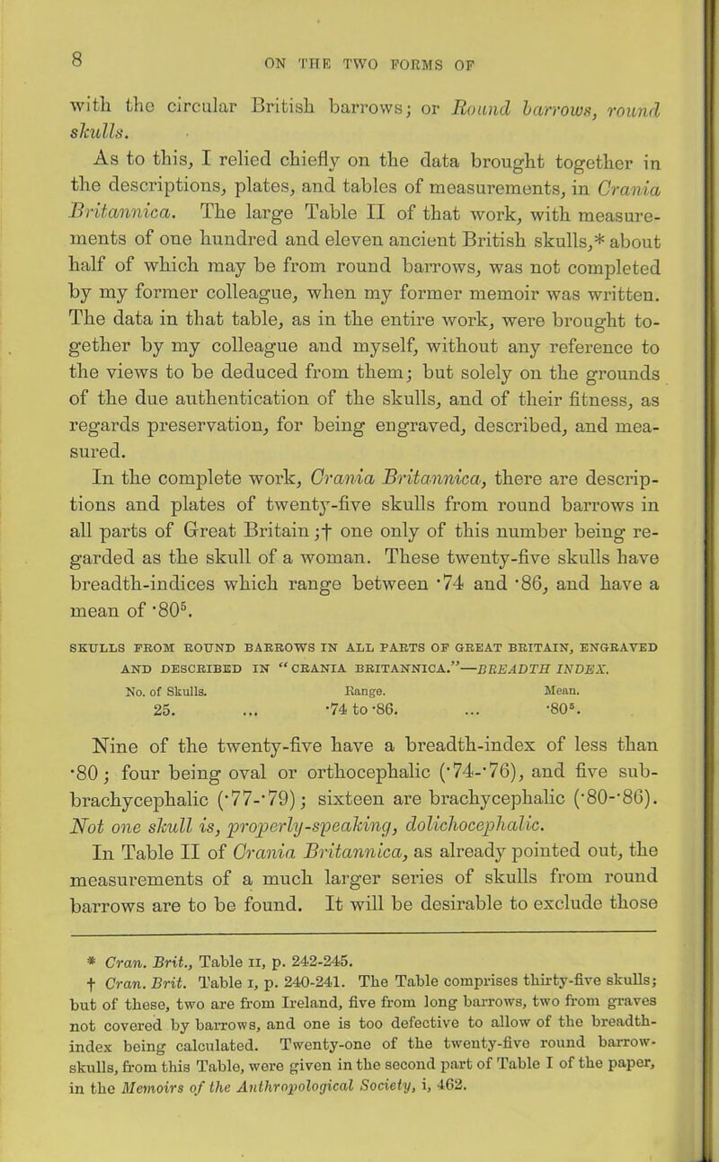 with the circular British barrows; or Round barrows, round skulls. As to this, I relied chiefly on the data brought together in the descriptions, plates, and tables of measurements, in Crania Britannica. The large Table II of that work, with measure- ments of one hundred and eleven ancient British skulls,* about half of which may be from round barrows, was not completed by my former colleague, when my former memoir was written. The data in that table, as in the entire work, were brought to- gether by my colleague and myself, without any reference to the views to be deduced from them; but solely on the grounds of the due authentication of the skulls, and of their fitness, as regards preservation, for being engraved, described, and mea- sured. In the complete work, Crania Britannica, there are descrip- tions and plates of twenty-five skulls from round barrows in all parts of Great Britain ;f one only of this number being re- garded as the skull of a woman. These twenty-five skulls have breadth-indices which range between '74 and '86, and have a mean of '805. SKULLS PROM ROUND BARROWS IN ALL PARTS OP GREAT BRITAIN, ENGRAVED AND DESCRIBED IN “ CRANIA BRITANNICA.”—BREADTH INDEX. No. of Skulls. Range. Mean. 25. ... -74 to-86. ... -805. Nine of the twenty-five have a breadth-index of less than •80; four being oval or orthocephalic (,74-,76), and five sub- brachycephalic (• 77-*79); sixteen are brachycephalic (-80-'8G). Not one skull is, properly-speaking, dolichocephalic. In Table II of Crania Britannica, as already pointed out, the measurements of a much larger series of skulls from round barrows are to be found. It will be desirable to exclude those * Cran. Brit., Table ii, p. 242-245. f Cran. Brit. Table i, p. 240-241. The Table comprises thirty-five skulls; but of these, two are from Ireland, five from long barrows, two from graves not covered by barrows, and one is too defective to allow of the breadth- index being calculated. Twenty-one of the twenty-five round barrow- skulls, from this Table, were given in the second part of Table I of the paper, in the Memoirs of the Anthropological Society, i, 462.