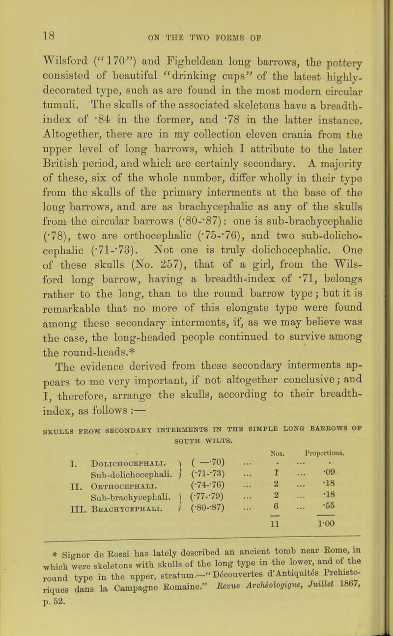 Wilsford (“170”) and Figheldean long barrows, the pottery- consisted of beautiful “drinking cups” of the latest highly- decorated type, such as are found in the most modern circular tumuli. The skulls of the associated skeletons have a breadth- index of '84 in the former, and ‘78 in the latter instance. Altogether, there are in my collection eleven crania from the upper level of long barrows, which I attribute to the later British period, and which are certainly secondary. A majority of these, six of the whole number, differ wholly in their type from the skulls of the primary interments at the base of the long barrows, and are as brachycephalic as any of the skulls from the circular barrows (’SO-’S?): one is sub-brachycephalic (•78), two are orthocephalic ('75-'76), and two sub-dolicho- cephalic (• 71-‘ 73). Not one is truly dolichocephalic. One of these skulls (No. 257), that of a girl, from the Wils- ford long barrow, having a breadth-index of 71, belongs rather to the long, than to the round barrow type; but it is remarkable that no more of this elongate type were found among these secondary interments, if, as we may believe was the case, the long-headed people continued to survive among the round-heads.* The evidence derived from these secondary interments ap- pears to me very important, if not altogether conclusive; and I therefore, arrange the skulls, according to their breadth- index, as follows :— SKULLS FROM SECONDARY INTERMENTS IN THE SIMPLE LONG BARROWS OF SOUTH WILTS. Dolichocephali. ) 1 <1 O S—✓ Nos. Proportions. Sub-dolichocephali. j (-71--73) I •09 Orthocephali. (•74--76) 2 •18 Sub -br achy cepb ali. 1 (•77--79) 2 •18 Brachycephali. / (•80--87) 6 ... '55 11 1-00 * Signor de Eossi has lately described an ancient tomb near Home, in which were skeletons with skulls of the long type in the lower, and of the round type in the upper, stratum.—“ Dccouvertes d’Antiquites Prehisto- riques dans la Campagne Eomaine.” Revue Archeologigue, Juillet 1867, p. 52.