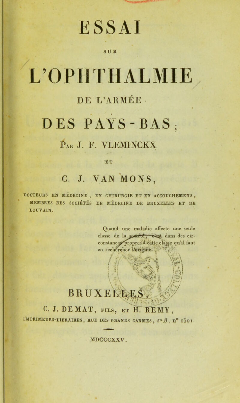 SUR L’OPHTHALMIE DE L’ARMÉE DES PAYS-BAS; Par J. F. VLEMINCKX ET G. J. VANMONS, DOCTEURS EN MÉDECINE , EN CHIRURGIE ET EN ACCOUCIIEMENS , MEMBRES DES SOCIÉTÉS DE MÉDECINE DE BRUXELLES ET DE LOUVAIN. Quand une maladie affecte une seule classe de la —-»!c$t dans des cir- conslanceÿ-'propres 1 cette classe qu’il faut en rcchércbcr l’origine. ‘ '1\’r ' V ‘.Cl -4 >.!; IrJ ' Agv-i'i « /J»/ A' •V A À /N *sl BRUXE C. J. DE MAT, fils, et H. HÈMY, IMTRIMEURS-LIBRAIRES , RUE DES GRANDS CARMES, Su .8 , II0 1301. MDCCCXXV.