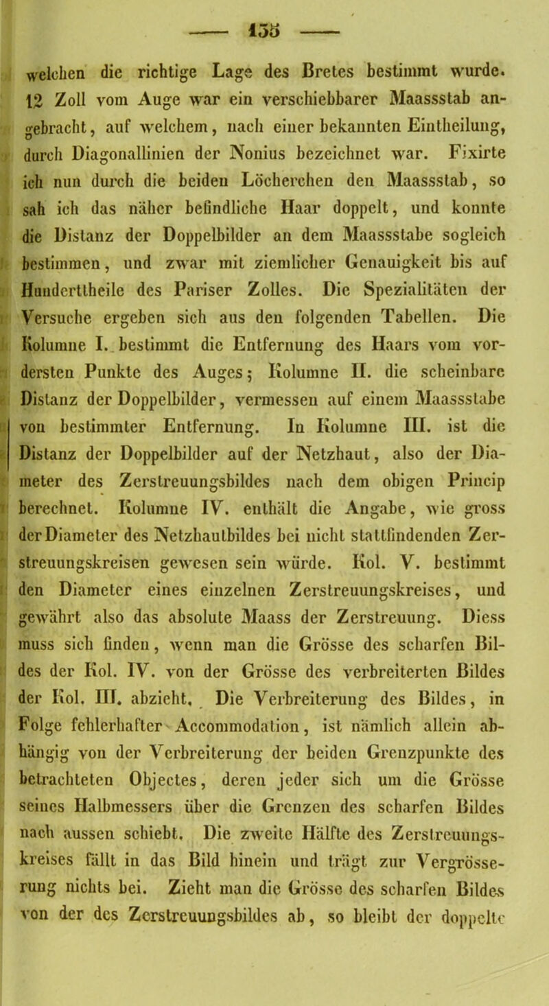 löo welchen die richtige Lage des ßretes bestimmt wurde. 1.2 Zoll vom Auge war ein verschiebbarer Maassstab an- gebracht , auf welchem, nach einer bekannten Eintheiluug, durch Diagonallinien der Nonius bezeichnet war. Fixirte ich nun durch die beiden Löcherchen den Maassslab, so sah ich das näher befindliche Haar doppelt, und konnte die Distanz der Doppelbilder an dem Maassstabe sogleich bestimmen, und zwar mit ziemlicher Genauigkeit bis auf Honderttheile des Pariser Zolles. Die Spezialitäten der Versuche ergeben sich aus den folgenden Tabellen. Die Kolumne I. bestimmt die Entfernung des Haars vom vor- dersten Punkte des Auges; Kolumne II. die scheinbare Distanz der Doppelbilder, vermessen auf einem Maassslabe von bestimmter Entfernung. In Kolumne III. ist die Distanz der Doppelbilder auf der Netzhaut, also der Dia- meter des Zerstreuungsbildes nach dem obigen Princip berechnet. Kolumne IV. enthält die Angabe, wie gross derDiameter des Netzhaulbildes bei nicht stattfindenden Zer- streuungskreisen gewesen sein würde. Kol. V. bestimmt den Diameter eines einzelnen Zerstreuungskreises, und gewährt also das absolute Maass der Zerstreuung. Diess muss sich finden, wenn man die Grösse des scharfen Bil- des der Kol. IV. von der Grösse des verbreiterten Bildes der Kol. HI. abzieht. Die Verbreiterung des Bildes, in Folge fehlerhafter Accommodalion, ist nämlich allein ab- hängig von der Verbreiterung der beiden Grenzpunkte des betrachteten Objectes, deren jeder sich um die Grösse seines Halbmessers über die Grenzen des scharfen Bildes nach aussen schiebt. Die zweite Hälfte des Zerstreuungs- kreises fällt in das Bild hinein und trägt zur Vergrösse- rung nichts bei. Zieht man die Grösse des scharfen Bildes von der des ZerstreuuDgsbildes ab, so bleibt der doppelte