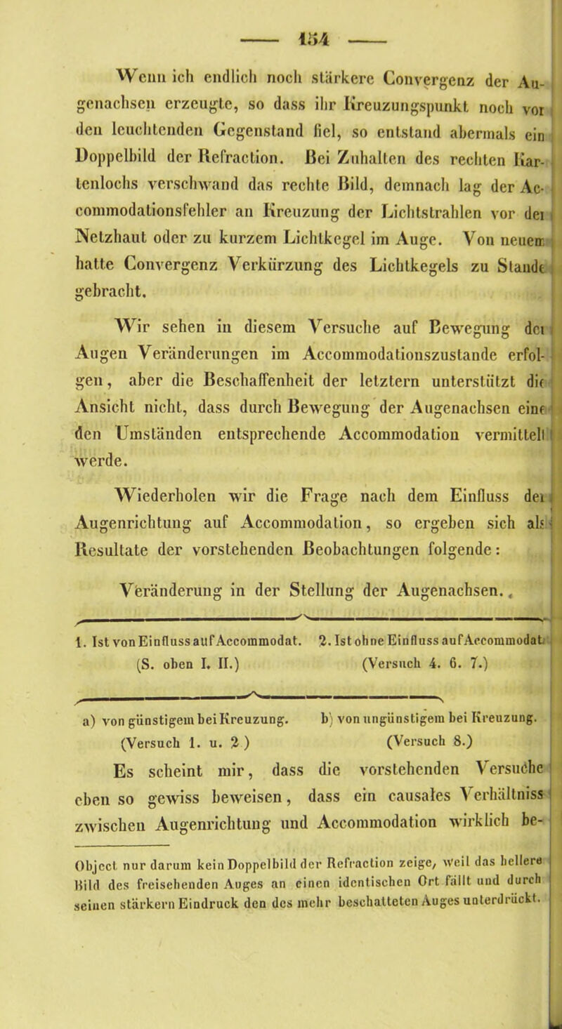 Wenn ich endlich nocli stärkere Convergenz der Au- genachsen erzeugte, so dass ihr Kreuzungspunkt noch vor den leuchtenden Gegenstand fiel, so entstand abermals ein Doppelbild der Refraction. Bei Zuhalten des rechten Kar- lenlochs verschwand das rechte Bild, demnach lag der Ac- connnodationsfehler an Kreuzung der Lichtstrahlen vor dei Netzhaut oder zu kurzem Lichtkegel im Auge. Von neuen hatte Convergenz Verkürzung des Lichtkegels zu Stande gebracht. Wir sehen in diesem Versuche auf Bewegung dci Augen Veränderungen im Accommodationszustande erfol- gen , aber die Beschaffenheit der letztem unterstützt die Ansicht nicht, dass durch Bewegung der Augenachsen eine den Umständen entsprechende Accommodation vermittelt werde. Wiederholen wir die Frage nach dem Einfluss dei Augenrichtung auf Accommodation, so ergeben sich als Resultate der vorstehenden Beobachtungen folgende: Veränderung in der Stellung der Augenachsen. „ 1. Ist von Einfluss auf Accommodat. 2. Ist ohne Einfluss auf Aeeommodat. (S. oben I. II.) (Versuch 4. 6. 7.) a) von günstigem bei Kreuzung. b) von ungünstigem bei Kreuzung. (Versuch 1. u. 2 ) (Versuch 8.) Es scheint mir, dass die vorstehenden Versuche eben so gewiss beweisen, dass ein causales Vcrhältniss zwischen Augenrichtung und Accommodation wirklich be- Object nur darum kein Doppelbild der Refraction zeige, Weil das heller«) Hild des freisehenden Auges an einen identischen Ort fallt und durch seinen stärkern Eindruck den des mehr beschatteten Auges unterdrückt.