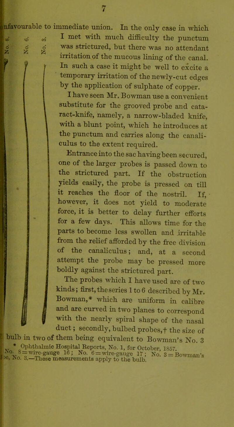 f & r nfavourable to immediate union. In the only case in which I met with much difficulty the punctum irritation of the mucous lining of the canal. In such a case it might be well to excite a temporary irritation of the newly-cut edges by the application of sulphate of copper. I have seen Mr. Bowman use a convenient substitute for the grooved probe and cata- ract-knife, namely, a narrow-bladed knife, with a blunt point, which he introduces at the punctum and carries along the canali- culus to the extent required. Entrance into the sac havingbeen secured, one of the larger probes is passed down to the strictured part. If the obstruction yields easily, the probe is pressed on till it reaches the floor of the nostril. If, however, it does not yield to moderate force, it is better to delay further efforts for a few days. This allows time for the parts to become less swollen and irritable from the relief afforded by the free division of the canaliculus; and, at a second attempt the probe may be pressed more boldly against the strictured part. The probes which I have used are of two kinds; first, the series lto6 described by Mr. Bowman,* wliich are uniform in calibre and are curved in two planes to correspond with the nearly spiral shape of the nasal duct; secondly, bulbed probes,f the size of t bulb in two of them being equivalent to Bowman’s No. 3 j * Ophthalmic Hospital Reports, No. 1, for October 1857 |1e°'krn#ri^‘gaUg- 16; No- « = wire-gauge 17; No! 3 = Bowman’s joe, iso. 3.—These measurements apply to the bulb. I