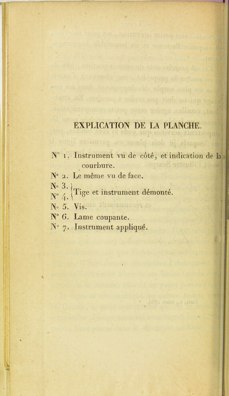 EXPLICATION DE LA PLANCHE. W i. N° 2. N» 3. j N#4.t Instrument vu de côté, et indication de la courbure. Le même vu de face. Tige et instrument démonté. N 5. Vis. N° (). Lame coupante. N° 7. Instrument appliqué.