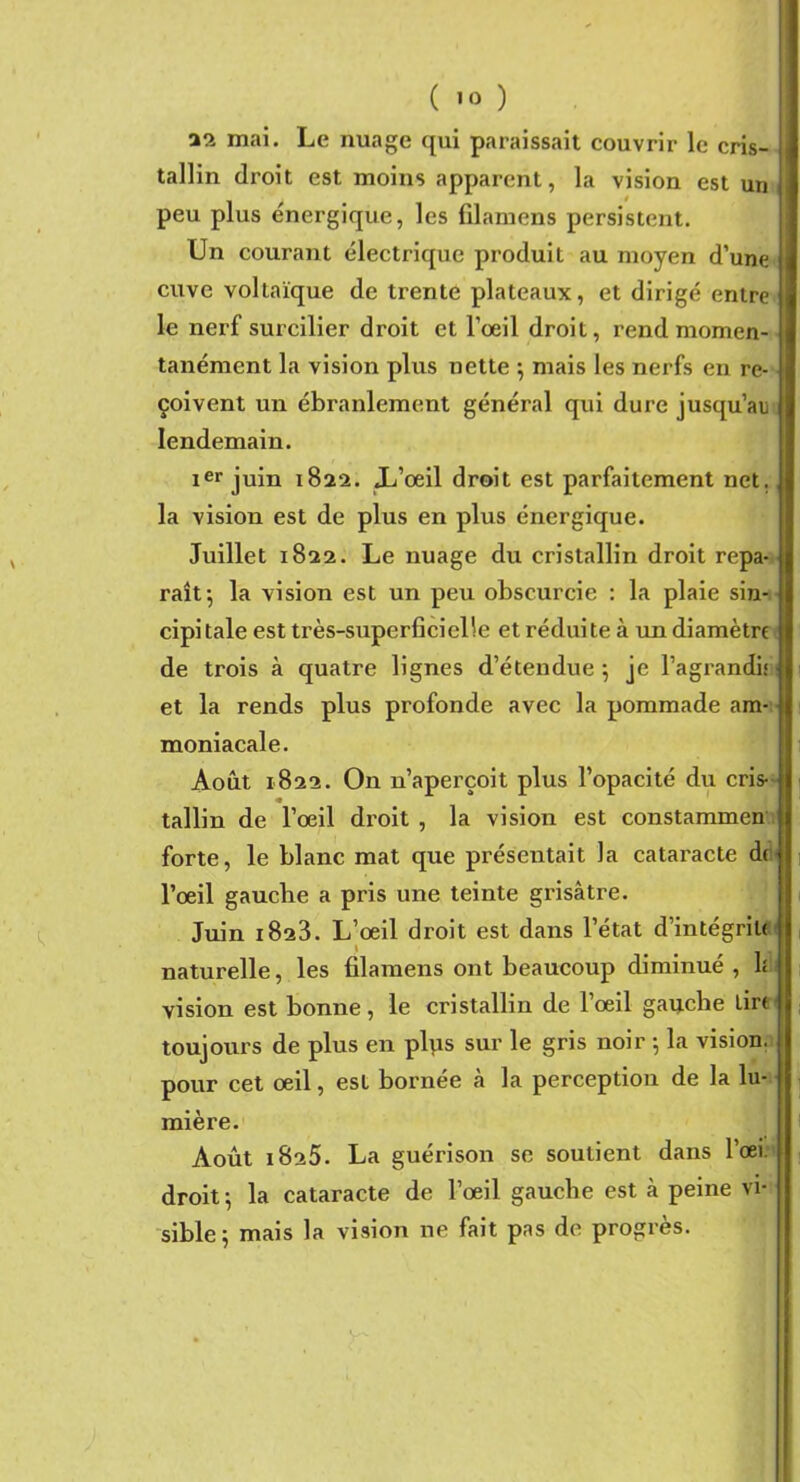 aa mai. Le nuage qui paraissait couvrir le cris- tallin droit est moins apparent, la vision est un peu plus énergique, les filamens persistent. Un courant électrique produit au moyen d’une cuve voltaïque de trente plateaux, et dirigé entre le nerf surcilier droit et l’œil droit, rend momen- tanément la vision plus nette ; mais les nerfs en re- çoivent un ébranlement général qui dure jusqu’au lendemain. ier juin 1822. .L’oeil droit est parfaitement net. la vision est de plus en plus énergique. Juillet 1822. Le nuage du cristallin droit repa- raît-, la vision est un peu obscurcie : la plaie sin- cipitale est très-superficielie et réduite à un diamètre de trois à quatre lignes d’étendue; je l’agrandi; et la rends plus profonde avec la pommade am- moniacale. Août 1822. On n’aperçoit plus l’opacité du cris- tallin de l’œil di’oit , la vision est constammen forte, le blanc mat que présentait la cataracte d( l’œil gauche a pris une teinte grisâtre. Juin 1823. L’œil droit est dans l’état d’intégriu naturelle, les filamens ont beaucoup diminué , n vision est bonne, le cristallin de l’œil gauche lin toujours de plus en plus sur le gris noir ; la vision, pour cet œil, est bornée à la perception de la lu- mière. Août 1825. La guérison se soutient dans l’oei. droit; la cataracte de l’œil gauche est à peine vi- sible; mais la vision ne fait pas de progrès.