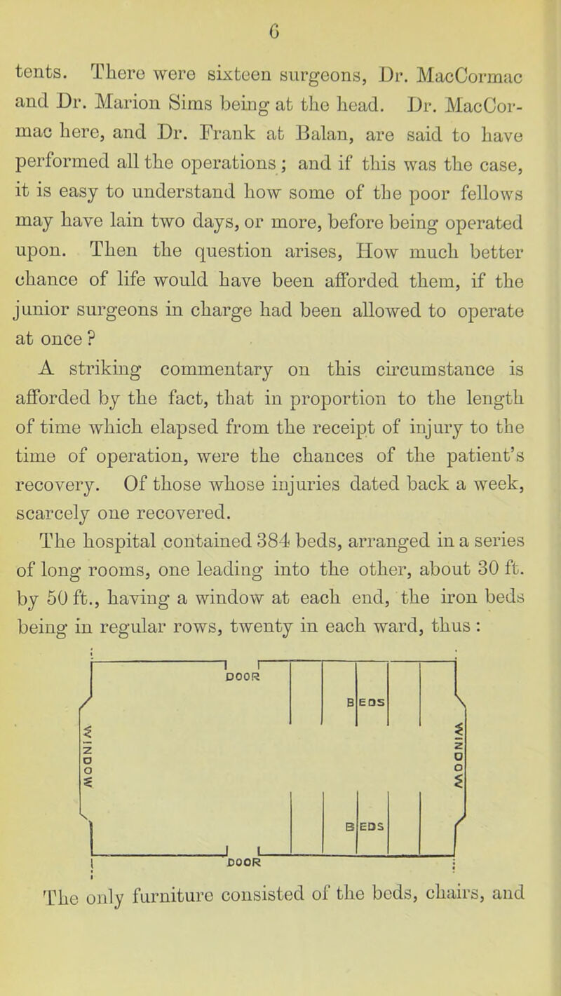 G tents. There were sixteen surgeons, Dr. MacCormac and Dr. Marion Sims being at the head. Dr. MacCor- mac here, and Dr. Frank at Balan, are said to have performed all the operations ; and if this was the case, it is easy to understand how some of the poor fellows may have lain two days, or more, before being operated upon. Then the question arises, How much better chance of life would have been afforded them, if the junior surgeons in charge had been allowed to operate at once ? A striking commentary on this circumstance is afforded by the fact, that in proportion to the length of time which elapsed from the receipt of injury to the time of operation, were the chances of the patient’s recovery. Of those whose injuries dated back a week, scarcely one recovered. The hospital contained 384 beds, arranged in a series of long rooms, one leading into the other, about 30 ft. by 50 ft., having a window at each end, the iron beds being in regular rows, twenty in each ward, thus :