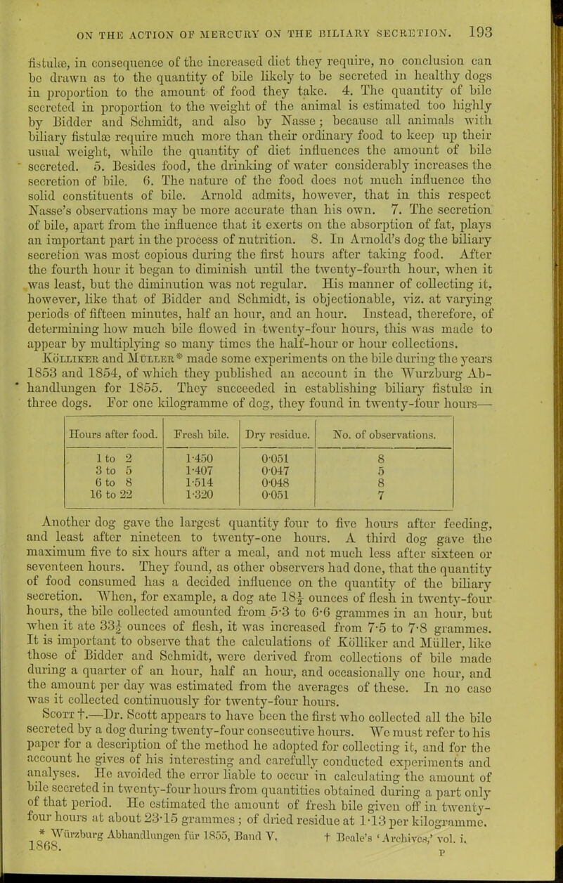 fistulte, in consequence of the increased diet they require, no conclusion can he drawn as to the quantity of bile likely to be secreted in healthy dogs in proportion to the amount of food they take. 4. The quantity of bile secreted in proportion to the weight of the animal is estimated too highly by Bidder and Schmidt, and also by Nasse; because all animals with biliary fistulas require much more than their ordinary food to keep up their usual weight, while the quantity of diet influences the amount of bile ' secreted. 5. Besides food, the drinking of water considerably increases the secretion of bile. 6. The nature of the food docs not much influence the solid constituents of bile. Arnold admits, however, that in this respect Nasse’s observations may be more accurate than his own. 7. The secretion of bile, apart from the influence that it exerts on the absorption of fat, plays an important part in the process of nutrition. 8. In Arnold’s dog the biliary secretion was most copious during the first hours after taking food. After the fourth hour it began to diminish until the twenty-fourth hour, when it was least, but the diminution was not regular. His manner of collecting it, however, like that of Bidder and Schmidt, is objectionable, viz. at varying periods of fifteen minutes, half an hour, and an hour. Instead, therefore, of determining how much bile flowed in twenty-four hours, this was made to appear by multiplying so many times the half-hour or hour collections. Iyolliker and Muller* made some experiments on the bile during the years 1853 and 1854, of which they published an account in the Wurzburg Ab- handlungen for 1855. They succeeded in establishing biliaiy fistuhe in three dogs. Tor one kilogramme of dog, they found in twenty-four hours— Hours after food. Fresh bile. Dry residue. No. of observations. 1 to 2 1-450 0-051 8 3 to 5 1-407 0047 5 6 to 8 1-514 0-048 8 16 to 22 1-320 0-051 7 Another dog gave the largest quantity four to five hours after feeding, and least after nineteen to twenty-one hours. A third dog gave the maximum five to six hours after a meal, and not much less after sixteen or seventeen hours. They found, as other observers had done, that the quantity of food consumed has a decided influence on the quantity of the biliary secretion. When, for example, a dog ate 18f ounces of flesh in twenty-four hours, the bile collected amounted from 5-3 to G-6 grammes in an hour, but when it ate 33£ ounces of flesh, it was increased from 7-5 to 7-8 grammes. It is important to observe that the calculations of Kblliker and Muller, like those of Bidder and Schmidt, were derived from collections of bile made during a quarter of an hour, half an hour, and occasionally one hour, and the amount per day was estimated from the averages of these. In no caso was it collected continuously for twenty-four hours. Scoxx t.—Dr. Scott appears to have been the first who collected all the bile secreted by a dog during twenty-four consecutive hours. We must refer to his paper for a description of the method he adopted for collecting it, and for the account he gives of his interesting and carefully conducted experiments and analyses. He avoided the error liable to occur in calculating the amount of bile secreted in twenty-four hours from quantities obtained during a part only of that period. He estimated the amount of fresh bile given off in twenty- four hours at about 23-15 grammes ; of dried residue at 1-13 per kilogramme. * Wurzburg Abliamllungen fur 1855, Band Y. f Beale’s ‘ Archives,’ vol. i. 18b8. v