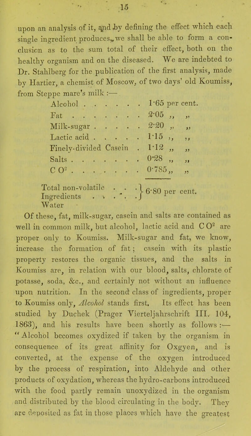 upon an analysis of it, and .by defining the effect, which each single ingredient produces,, we shall he able to form a con- clusion as to the sum total of their effect, both on the healthy organism and on the diseased. We are indebted to Dr. Stahlberg for the publication of the first analysis, made by Harder, a chemist of Moscow, of two days’ old Koumiss, from StejDpe mare’s milk :—• Alcohol P65 per cent. Fat ...... Milk-sugar . . . . Lactic acid .... Finely-divided Casein Salts CO2 2-05 Ss si 2-20 S> ss 1T5 5 S 1-12 ss SS 0-28 is Si 0-785 ss ss Total non-volatile Ingredients . v j- 6‘80 per cent. Water Of these, fat. milk-sugar, casein and salts are contained as well in common milk, but alcohol, lactic acid and CO2 are proper only to Koumiss. Milk-sugar and fat, we know, increase the formation of fat; casein with its plastic property restores the organic tissues, and the salts in Koumiss are, in relation with our blood, salts, chlorate of potasse, soda, &c., and certainly not without an influence upon nutrition. In the second class of ingredients, proper to Koumiss only. Alcohol stands first. Its effect has been studied by Duchek (Prager Yierteljahrschrift III. 104, 1863), and his results have been shortly as follows :•— “ Alcohol becomes oxydized if taken by the organism in consequence of its great affinity for Oxgyen, and is converted, at the expense of the oxygen introduced by the process of respiration, into Aldehyde and other products of oxydation, whereas the hydro-carbons introduced with the food partly remain unoxydized in the organism and distributed by the blood circulating in the body. They are deposited as fat in those places which have the greatest