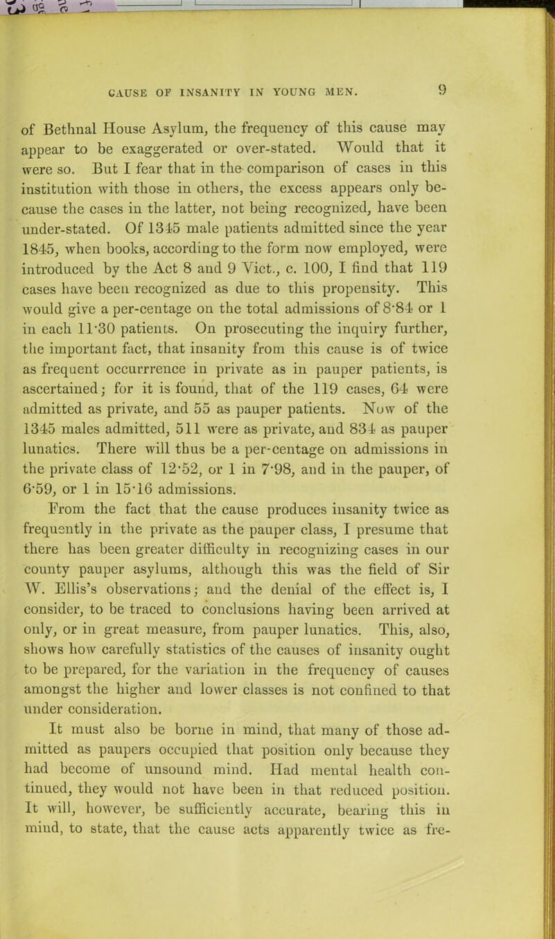 of Bethnal House Asylum, the frequency of this cause may appear to be exaggerated or over-stated. Would that it were so. But I fear that in the comparison of cases in this institution with those in others, the excess appears only be- cause the cases in the latter, not being recognized, have been under-stated. Of 131*5 male patients admitted since the year 1845, when books, according to the form now employed, were introduced by the Act 8 and 9 Viet., c. 100, I find that 119 cases have been recognized as due to this propensitj'. This would give a per-centage on the total admissions of 8’84 or 1 in each 1T30 patients. On prosecuting the inquiry further, the important fact, that insanity from this cause is of twice as frequent occurrrence in private as in pauper patients, is ascertained; for it is found, that of the 119 cases, 64 were admitted as private, and 55 as pauper patients. Now of the 1345 males admitted, 511 were as private, and 834 as pauper lunatics. There will thus be a per-centage on admissions in the private class of 12‘52, or 1 in 7’98, and in the pauper, of 6-59, or 1 in 15T6 admissions. From the fact that the cause produces insanity twice as frequently in the private as the pauper class, I presume that there has been greater difficulty in recognizing cases in our county pauper asylums, although this was the field of Sir W. Ellis’s observations; and the denial of the effect is, I consider, to be traced to conclusions having been arrived at only, or in great measure, from pauper lunatics. This, also, shows how carefully statistics of the causes of insanity ought to be prepared, for the variation in the frequency of causes amongst the higher and lower classes is not confined to that under consideration. It must also be borne in mind, that many of those ad- mitted as paupers occupied that position only because they had become of unsound mind. Had mental health con- tinued, they would not have been in that reduced position. It will, however, be sufficiently accurate, bearing this in mind, to state, that the cause acts apparently twice as fre-