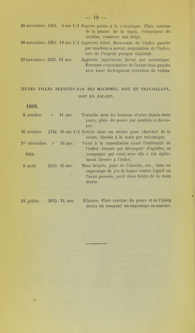 26 novembre. 4313, 8 ans 1/2 Papiers peints à la mécanique. Plaie contuse de la paume de la main, écrasement du médius, conserve son doigt. 28 novembre. é3l5. 12 ans 1/2 Apprenti tôlier. Broiement de l’index gauche par machine à percer, amputation de l’index, sort de l’iiôpital presque cicatrisé. 29 novembre. 4322. 13 ans. Apprenti imprimeur, blessé par mécanique. Fracture comminutive de l’avant-bras gauche avec issue du fragment, résection du radius. JEUNES FILLES BLESSÉES PAR DES MACHINES, SOIT EN TRAVAILLANT, SOIT EN JOUANT. 18G8. 2 octobre. » 11 ans. Travaille dans les boutons d’acier depuis deux jours, plaie du pouce par machine à décou- per. 16 octobre. 2742. 10 ans 1/2 Entrée dans un atelier pour chercher de la sciure, blessée à la main par mécanique. 1er décembre. » 16 ans. Vient à la consultation ayant l’extrémité de l’index écrasée par découpoir d’agrafes; sa 1869, compagne qui vient avec elle a été égale- ment blessée à l'index. 8 avril. 2550. 11 ans. Main broyée, plaie de l’aisselle, etc., dans un engrenage de jeu de bague contre lequel on l’avait poussée, perd deux doigts de la main droite. 29 juillet. 3015. 14 ans. Filature. Plaie contuse du pouce et de l’index droits en essuyant un engrenage en marche.