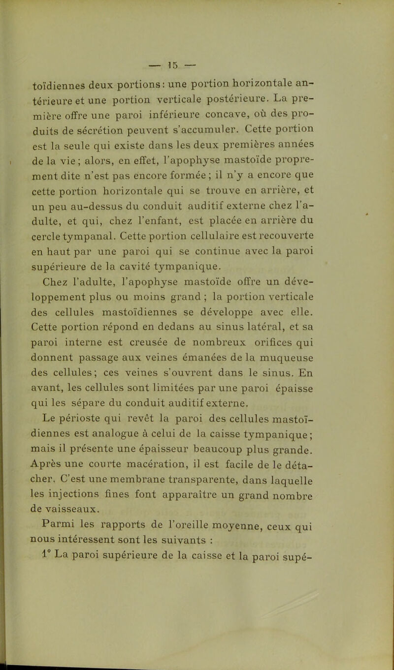toïdiennes deux portions: une portion horizontale an- térieure et une portion verticale postérieure. La pre- mière offre une paroi inférieure concave, où des pro- duits de sécrétion peuvent s’accumuler. Cette portion est la seule qui existe dans les deux premières années de la vie; alors, en effet, l’apophyse mastoïde propre- ment dite n’est pas encore formée ; il n’y a encore que cette portion horizontale qui se trouve en arrière, et un peu au-dessus du conduit auditif externe chez l’a- dulte, et qui, chez l’enfant, est placée en arrière du cercle tympanal. Cette portion cellulaire est recouverte en haut par une paroi qui se continue avec la paroi supérieure de la cavité tympanique. Chez l’adulte, l’apophyse mastoïde offre un déve- loppement plus ou moins grand ; la portion verticale des cellules mastoïdiennes se développe avec elle. Cette portion répond en dedans au sinus latéral, et sa paroi interne est creusée de nombreux orifices qui donnent passage aux veines émanées de la muqueuse des cellules; ces veines s’ouvrent dans le sinus. En avant, les cellules sont limitées par une paroi épaisse qui les sépare du conduit auditif externe. Le périoste qui revêt la paroi des cellules mastoï- diennes est analogue à celui de la caisse tympanique; mais il présente une épaisseur beaucoup plus grande. Après une courte macération, il est facile de le déta- cher. C’est une membrane transparente, dans laquelle les injections fines font apparaître un grand nombre de vaisseaux. Parmi les rapports de l’oreille moyenne, ceux qui nous intéressent sont les suivants : 1° La paroi supérieure de la caisse et la paroi supé-