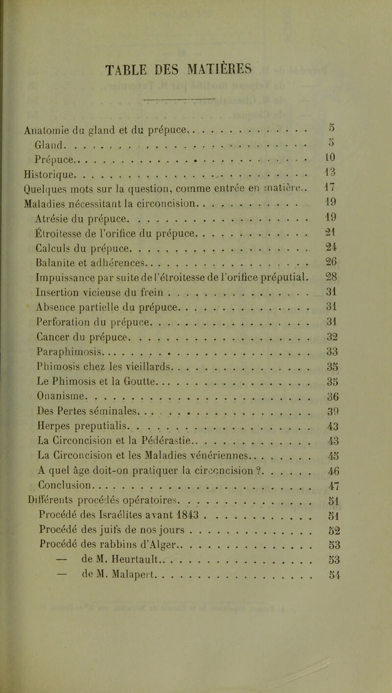 TABLE DES MATIÈRES Analotnie du gland et du prépuce 5 Gland Prépuce 10 Historique 13 Quelques mots sur la question, comme entrée en matière.. 1 / Maladies nécessitant la circoncision 19 Atrésie du prépuce 19 Étroitesse de l’orifice du prépuce 21 Calculs du prépuce 24 Balanite et adhérences 26 Impuissance par suite de l’étroitesse de l’orifice préputial. 28 Insertion vicieuse du frein 31 Absence partielle du prépuce 31 Perforation du prépuce 31 Cancer du prépuce 32 Paraphimosis 33 Phimosis chez les vieillards 35 Le Phimosis et la Goutte 35 Onanisme 36 Des Pertes séminales 39 Herpes preputialis 43 La Circoncision et la Pédérastie 43 La Circoncision et les Maladies vénériennes 45 A quel âge doit-on pratiquer la circoncision ? 46 Conclusion 47 Différents procédés opératoires 5{ Procédé des Israélites avant 1843 51 Procédé des juifs de nos jours 52 Procédé des rabbins d’Alger 53 — de M. Heurtault 53 — de M. Malapert 54