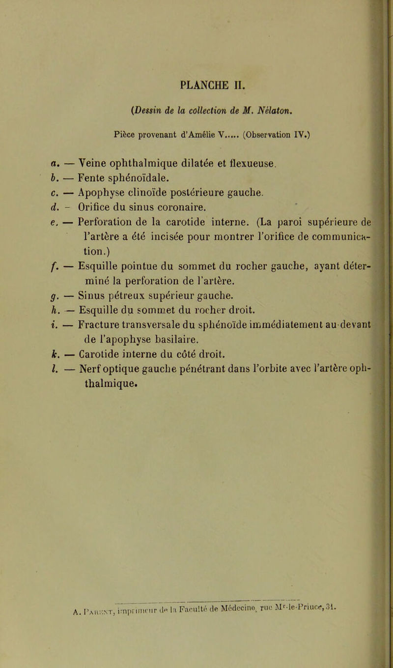 PLANCHE II. (Dessin de la collection de M. Nèlaton. Pièce provenant d’Amélie V (Observation IV.) a. — Veine ophthalmique dilatée et flexueuse. b. — Fente sphénoïdale. c. — Apophyse clinoïde postérieure gauche. d. - Orifice du sinus coronaire. e. — Perforation de la carotide interne. (La paroi supérieure de l’artère a été incisée pour montrer l’orifice de communica- tion.) f. — Esquille pointue du sommet du rocher gauche, ayant déter- miné la perforation de l’artère. g. — Sinus pétreux supérieur gauche. h. — Esquille du sommet du rocher droit. i. — Fracture transversale du sphénoïde immédiatement au devant de l’apophyse basilaire. k. — Carotide interne du côté droit. l. — Nerf optique gauche pénétrant dans l’orbite avec l’artère oph- thalmique. A. I’aiu-.nt, imprimeur d» la Faculté de Médccino rue Mr-le Priuce,31.