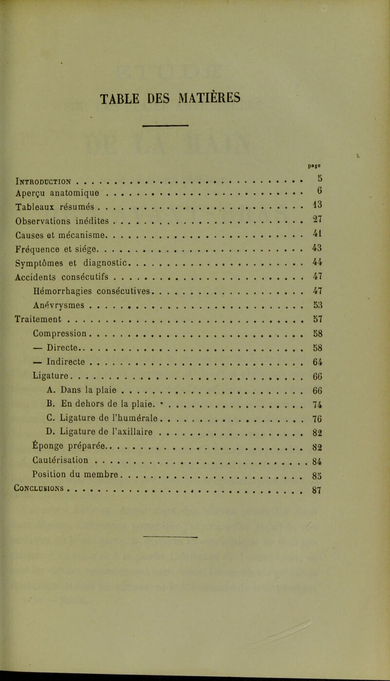 TABLE DES MATIERES P* Ie Introduction 3 Aperçu anatomique 6 Tableaux résumés 13 Observations inédites 27 Causes et mécanisme 41 Fréquence et siège 43 Symptômes et diagnostic 44 Accidents consécutifs 47 Hémorrhagies consécutives 47 Anévrysmes 53 Traitement 57 Compression 58 — Directe 58 — Indirecte 64 Ligature 66 A. Dans la plaie 66 B. En dehors de la plaie. • 74 C. Ligature de l’humérale 76 D. Ligature de l’axillaire 82 Éponge préparée 82 Cautérisation 84 Position du membre 85 Conclusions 87