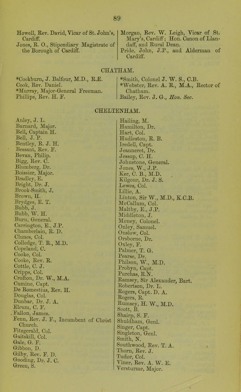 Howell, Rev. David, Vicar of St. John’s, Cardiff. Jones, R. 0., Stipendiary Magistrate of the Borough of Cardiff. Morgan, Rev. W. Leigh, Vicar of St. Mary’s, Cardiff; Hon. Canon of Llan- daff, and Rural Dean. Pride, John, J.P., and Alderman of Cardiff. CHATHAM. ♦Cockburn, J. Balfour, M.D., R.E. Cook, Rev. Daniel. ♦Murray, Major-General Freeman. Phillips, Rev. H. F. ♦Smith, Colonel J. W. S., C.B. ♦Webster, Rev. A. R., M.A., Rector of Chatham. Bailey, Rev. J. G., Hon. Sec. Anley, J. L. Barnard, Major. Bell, Captain H. Bell, J. P. Bentley, R. J. H. Bessant, Rev. F. Bevan, Philip. Bigg, Rev. C. Blumberg, Dr. Boissier, Major. Bradley, E. Bright, Dr. J. Brook-Smith, J. Brown, H. Brydges, E. T. Bubb, J. Bubb, W. H. Burn, General. Carrington, E., J.P. Chamberlain, R. D. Clunes, Col. Colledge, T. R., M.D. Copeland, C. Cooke, Col. Cooke, Rev. R. Cottle, C. J. Cripps, Col. Crofton, Dr. W., M.A. Cumine, Capt. De Romestius, Rev. H. Douglas, Col. Dunbar, Dr. J. A. Elcum, C. F. Fallon, James. Fenu, Rev. J. F., Incumbent of Christ Church. Fitzgerald, Col. Gaitskill, Col. Gale, G. F. Gibbon, D. Gilby, Rev. F. D. Gooding, Dr. J. C. Green, S. CHELTENHAM. Hailing, M. Hamilton, Dr. Hart, Col. Hudieston, R. B. Iredell, Capt. Jeanneret, Dr. Jessop, C. H. Johnstone, General. Jones, W., J.P. Ker, C. B., M.D. Kilgour, Dr. J. S. Lewes, Col. Lillie, A. Linton, Sir W., M.D., K.C.B. McCallum, Col. Maltby, E., J.P. Middleton, J. Money, Colonel. Onley, Samuel. Onslow, Col. Orsborne, Dr. Oxley, F. Palmer, T. G. Pearse, Dr. Philson, W., M.D. Probyn, Capt. Purchas, R.N. Ramsey, Sir Alexander, Bart. Robertson, Dr. L. Rogers, Capt. D. A. Rogers, R. Rumsey, H. W., M.D. Scott, B. Shairp, S. F. Shuldham, Genl. Singer, Capt. Singleton, Genl. Smith, N. Southwood, Rev. T. A. Thorn, Rev. J. Tudor, Col. Viner, Rev. A. W. E. Versturme, Major.