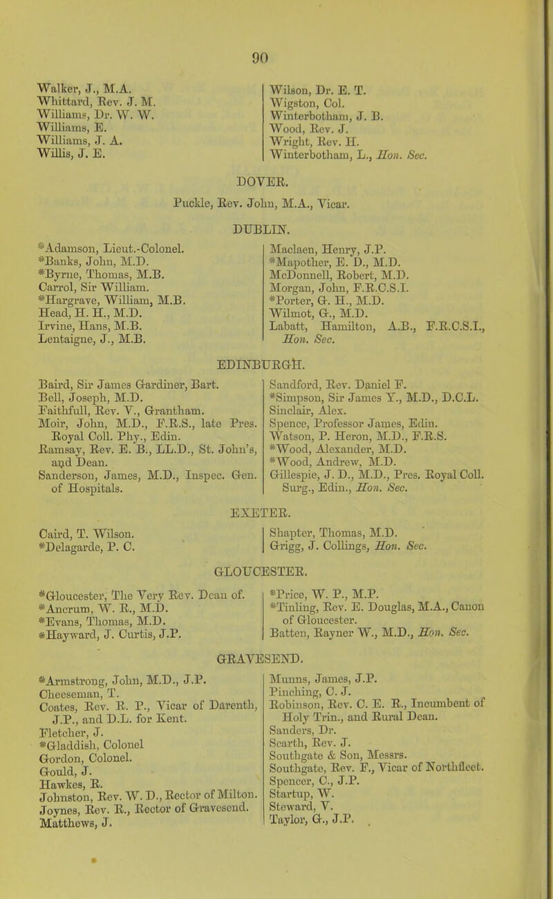 Walker, J., M.A. Whittavd, Eev. J. M. Williams, Dr. W. W. Williams, E. Williams, J. A. Willis, J. E. Wilson, Dr. E. T. Wigston, Col. Winterbotlmm, J. B. Wood, Eev. J. Wright, Eev. H. Winterbotham, L., Hon. Sec. DOYEE. Buckle, Eev. John, M.A., Vicar. * Adamson, Lieut.-Colonel. •Banks, John, M.D. •Byrne, Thomas, M.B. Carrol, Sir William. •Hargrave, William, M.B. Head, H. H., M.D. Irvine, Hans, M.B. Lentaigne, J., M.B. DUBLIN. Maclaen, Henry, J.B. •Mapother, E. D., M.D. McDonnell, Eobert, M.D. Morgan, John, F.E.C.S.I. •Porter, G. H., M.D. Wilmot, G., M.D. Labatt, Hamilton, A.B., F.E.C.S.I., Hon. Sec. EDINBUEGtl. Baird, Sir James Gardiner, Bart. Bell, Joseph, M.D. Faithfull, Eev. V., Grantham. Moir, John, M.D., F.E.S., late Pres. Eoyal Coll. Phy., Edin. Eamsay, Eev. E. B., LL.D., St. John’s, and Dean. Sanderson, James, M.D., Iuspec. Gen. of Hospitals. Sandford, Eev. Daniel F. #Simpson, Sir James Y., M.D., D.C.L. Sinclair, Alex. Spence, Professor James, Edin. Watson, P. Heron, M.D., F.E.S. •Wood, Alexander, M.D. •Wood, Andrew, M.D. Gillespie, J. D., M.D., Pres. Eoyal Coll. Surg., Edin., Hon. Sec. Caird, T. Wilson. •Delagarde, P. C. EXETEE. Shapter, Thomas, M.D. Grigg, J. Codings, Hon. Sec. GLOUCESTEE, •Gloucester, The Very Eev. Dean of. •Ancrum, W. E., M.D. •Evans, Thomas, M.D. #Hayward, J. Curtis, J.P. •Price, W. P., M.P. •Tinling, Eev. E. Douglas, M.A., Canon of Gloucester. Batten, Eayncr W., M.D., Hon. Sec. GEAYESEND. •Armstrong, John, M.D., J.P. Cheeseman, T. Coates, Eev. E. P., Vicar of Darenth, J.P., and D.L. for Eent. Fletcher, J. •Gladdish, Colonel Gordon, Colonel. Gould, J. Hawkes, E. Johnston, Eev. W. B., Sector of Milton. Joynes, Eev. E., Eector of Gravesend. Matthews, J. Muuns, James, J.P. Pinching, C. J. Eobinson, Eev. C. E. E., Incumbent of Holy Trim, and Eural Dean. Sanders, Dr. Scartli, Eev. J. Southgate & Son, Messrs. Southgate, Eev. F., Vicar of North fleet. Spencei', C., J.P. Startup, W. Steward, V. Taylor, G., J.P.