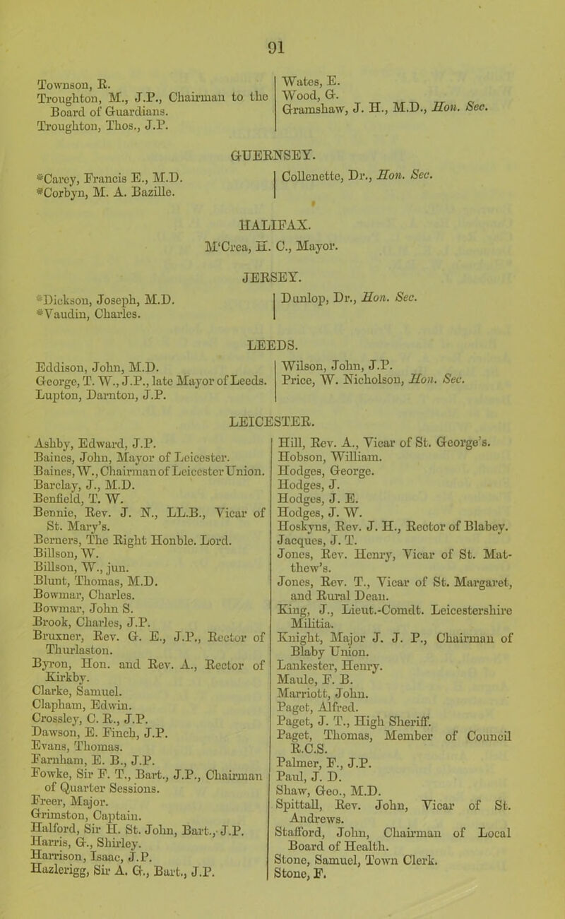 Townson, R. Troughton, M., J.P., Chairman to the Board of Guardians. Troughton, Thos., J.P. Wates, E. Wood, G. Grarashaw, J. H., M.D., Hon. Sec. * Carey, Francis E., M.D. *Corbyn, M. A. Bazillc. GUERNSEY. Collenette, Dr., lion. Sec. $ HALIFAX. M'Crea, E. C., Mayor. : Diekson, Joseph, M.D. *Vaudin, Charles. JERSEY. Dunlop, Dr., Hun. Sec. LEEDS. Edclison, John, M.D. Wilson, John, J.P. George, T. W., J.P., late Mayor of Leeds. Price, W. Nicholson, Hon. Sec. Lupton, Darnton, J.P. LEICESTER. Ashby, Edward, J.P. Baines, John, Mayor of Leicester. Baines, AV., Chairman of Leicester Union. Barclay, J., M.D. Benfield, T. W. Bennie, Rev. J. N., LL.B., Vicar of St. Mary’s. Berners, The Right Honblc. Lord. Billson, W. Billson, W., jun. Blunt, Thomas, M.D. Bowmar, Charles. Bowmar, John S. Brook, Charles, J.P. Bruxner, Rev. G. E., J.P., Rector of Thurlaston. Byron, Hon. and Rev. A., Rector of Kirkby. Clarke, Samuel. Clapham, Edwin. Crossley, C. R., J.P. Dawson, E. Finch, J.P. Evans, Thomas. Farnlmni, E. B., J.P. Fowke, Sir F. T., Bart., J.P., Chairman of Quarter Sessions. Freer, Major. Grimston, Captain. Halford, Sir H. St. Jolin, Bart.,- J.P. Harris, G-., Shirley. Harrison, Isaac, J.P. Hazlerigg, Sir A. G., Bart,, J.P. Hill, Rev. A., Vicar of St. George’s. Hobson, William. Hodges, George. Hodges, J. Hodges, J. E. Hodges, J. W. Hoskyns, Rev. J. H., Rector of Blabey. Jacques, J. T. Jones, Rev. Henry, Vicar of St. Mat- thew’s. Jones, Rev. T., Vicar of St. Margaret, and Rural Dean. King, J., Lieut.-Comdt. Leicestershire Militia. Knight, Major J. J. P., Chairman of Blaby Union. Lankester, Henry. Maule, F. B. Marriott, John. Paget, Alfred. Paget, J. T., High Sheriff. Paget, Thomas, Member of Council R.C.S. Palmer, F., J.P. Paul, J. D. Shaw, Geo., M.D. Spittall, Rev. John, Vicar of St. Andrews. Stafford, Jolm, Chairman of Local Board of Health. Stone, Samuel, Town Clerk. Stone, F.