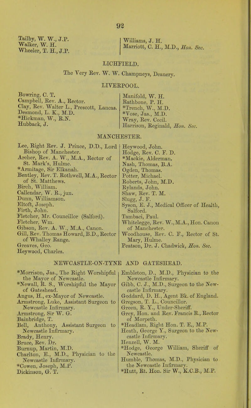Tailby, W. W., J.P. Walker, W. H. Wheeler, T. H., J.P. Williams, J. H. Marriott, C. H., M.D., lion. Sec. LICHFIELD. The Very Key. W. W. Champneys, Deanery. LIVERPOOL. Bo wring, C. T. Campbell, Rev. A., Rector. Clay, Rev. Walter L., Prescott, Lancas. Desmond, L. K., M.D. ^Hickman, W., R.N. Hubback, J. Manifold, W. H. Rathbone, P. H. #Trench, W., M.D. #Vose, Jas., M.D. Wray, Rev. Cecil. Harrison, Reginald, Ron. Sec. MANCHESTER. Lee, Right Rev. J. Prince, D.D., Lord Bishop of Manchester. Archer, Rev. A. W., M.A., Rector of St. Mark’s, Hulme. *Armitage, Sir Elkanah. Bentley, Rev. T. Rothwell, M.A., Rector of St. Matthews. Birch, William. Callendar, W. R., jun. Dunn, Williamson. Eltoft, Joseph. Firth, John. Fletcher, Mr. Councillor (Salford). Fletcher, Wm. Gibson, Rev. A. W., M.A., Canon. Gill, Rev. Thomas Howard, B.D., Rector of Whalley Range. Greaves, Geo. Heywood, Charles. Heywood, John. Hodge, Rev. C. F. D. *Mackie, Alderman. Nash, Thomas, B.A. Ogden, Thomas. Potter, Michael. Roberts, John, M.D. Rylands, John. Shaw, Rev. T. M. Slugg, J. F. Syson, E. J., Medical Officer of Health, Salford. Tambaci, Paul. Whitelegge, Rev. W.,M.A., Hon. Canon of Manchester. Woodhouse, Rev. C. F., Rector of St. Mary, Hulme. Peatson, Dr. J. Chadwick, Ron. Sec. NEWCASTLE-ON-TYNE AND GATESHEAD. *Morrison, Jas., The Right Worshipful the Mayor of Newcastle. *Newall, R. S., Worshipful the Mayor of Gateshead. Angus, H., ex-Mayor of Newcastle. Armstrong, Luke, Assistant Surgeon to Newcastle Infirmary. Armstrong, Sir W. G. Bainbridge, T. Bell, Anthony, Assistant Surgeon to Newcastle Infirmary. Brady, Henry. Bruce, Rev. Dr. Burnup, Martin, M.D. Charlton, E., M.D., Physician to the Newcastle Infirmary. #Cowen, Joseph, M.P. Dickinson, G. T. Embleton, D., M.D., Physician to the Newcastle Infirmary. Gibb, C. J., M.D., Surgeon to the New- castle Infirmary. Goddard, D. H., Agent Bk. of England. Gregson, T. L., Councillor. Green, R. Y., Under-Sheriff. Grey, Hon. and Rev. Francis R., Rector of Morpeth. #Headlam, Right Hon. T. E., M.P. Heath, George Y., Surgeon to the New- castle Infirmary. Henzell, W. M. #Hodge, George William, Sheriff of Newcastle. Humble, Thomas, M.D., Physician to the Newcastle Infirmary. *Hutt, Rt. Hon. Sir W., K.C.B., M.P.
