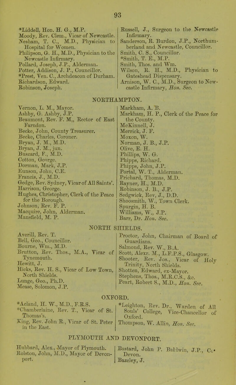 *Liddell, Hon. H. G., M.P. Moody, Rev. Clem., Yicar of Newcastle. Nesham, T. C., M.D., Physician to Hospital for Women. Philipson, G. H., M.D., Physician to the Newcastle Infirmary. Pollard, Joseph, J.P., Alderman. Potter, Addison, J. P., Councillor. ♦Prest, Yen. C., Archdeacon of Durham. Richardson, Edward. Robinson, Joseph. Russell, J., Surgeon to the Newcastle Infirmary. Sanderson, R. Burdon, J.P., Northum- berland and Newcastle, Councillor. Smith, C. S., Councillor. ♦Smith, T. E., M.P. Smith, Thos. and ffm, Wilson, R. H., M.D., Physician to Gtateshead Dispensary. Arnison, W. C., M.D., Surgeon to New- castle Infirmary, Ron. Sec. NORTHAMPTON. Vernon, L. M., Mayor. Ashby, G-. Ashby, j.P. Beaumont, Rev. F. M„ Rector of East Farndon. Becke, John, County Treasurer. Becke, Charles, Coroner. Bryan, J. M., M.D. Bryan, J. M., jun. Buszard, F., M.D. Cotton, George. Dorman, Mark, J.P. Eunson, John, C.E. Francis, J., M.D. Gedge, Rev. Sydney, Vicar of All Saints’. Harrison, George. Hughes, Christopher, Clerk of the Peace for the Borough. Johnson, Rev. F. P. Macquire, John, Alderman. Mansfield, M. P. Markham, A. B. Markham, H. P., Clerk of the Peace for the County. McKinnell, J. Merrick, J. F. Moxon, W. Norman, J. B., J.P. Olive, E. H. Phillips, W. G. Phipps, Richard. Phipps, John, J.P. Portal, W. T., Alderman. Prichard, Thomas, M.D. Rayner, H., M.D. Robinson, J. B., J.P. Sedgwick, Rev, J., D.D. Slioosmitli, W., Town Clerk. Spurgin, H. B. Williams, W., J.P. Barr, Dr. Ron. Sec. NORTH SHIELDS. Averill, Rev. T. Bell, Geo., Councillor. Bourne, Win., M.D. Bratton, Rev. Thos., M.A., Yicar of Tynemouth. Hewitt, J. Hicks, Rev. H. S., Yicar of Low Town, North Shields. Lunge, Geo., Ph.D. Mease, Solomon, J.P. Proctor, John, Chairman of Board of Guardians. Sahnond, Rev. W., B.A. Scott, Alexr. M., L.F.P.S., Glasgow. Shooter, Rev. Jos., Vicar of Holv Trinity, North Shields. Shotten, Edward, ex-Mayor. Stephens, Thos., M.R.C.S., &c. Peart, Robert S., M.D., Ron. Sec. OXFORD. ♦Acland, H. W., M.D., F.R.S. ♦Chamberlaine, Rev. T., Vicar of St. Thomas’s. Ring, Rev. John R., Yicar of St. Peter in the East. ♦Leighton, Rev. Dr., Warden of All Souls’ College, Vice-Chancellor of Oxford. Thompson, W. Allin. Ron. Sec. PLYMOUTH AND DEYONPORT. Hubbard, Alex., Mayor of Plymouth. Rolston, John, M.D., Mayor of Devon- port. Bastard, John P. Baldwin, J.P., Co- Devon. Bazeley, J.
