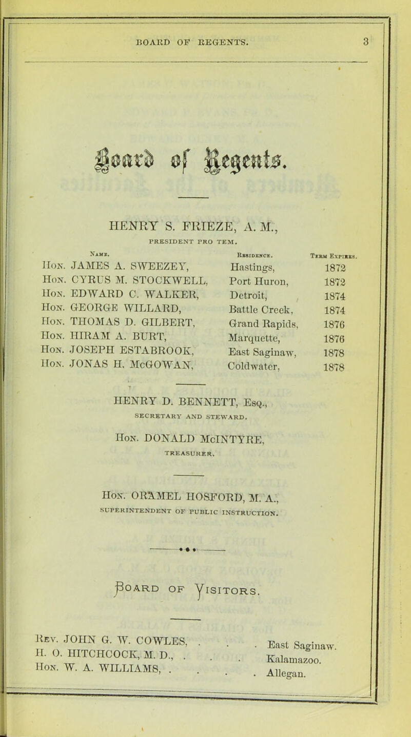 ♦ HENRY S. FRIEZE, A. M., PRESIDENT PRO TEM, Nam*. IIoN. JAMES A. SWEEZEY, Hon. CYRUS M. STOCKWELL, Hon. EDWARD C. WALKER, Hon. GEORGE WILLARD, Hon. THOMAS I). GILBERT, Hon. HIRAM A. BURT, Hon. JOSEPH ESTABROOK, Hon. JONAS H. McGOWAN, Rbsiosnck. Tzrm Expius. Hastings, 1872 Port Huron, 1872 Detroit, , 1874 Battle Creek, 1874 Grand Rapids, 1876 Marquette, 1876 East Saginaw, 1878 Coldwatcr, 1878 HENRY D. BENNETT, Esq., SECRETARY AND STEW.\RD. Hon. DONALD McINTYRE, TREASURER. Hon. ORAMEL HOSI^ORD, ]M. A., SUPERINTENDENT OF PUBLIC INSTRUCTION, « • jBOARD OF yiSITORS, Rev. JOHN G. W. COWLES. H. O. HITCHCOCK, M. D., . Hon. W. a. WILLIAMS, . East Saginaw. Kalamazoo. Allegan.