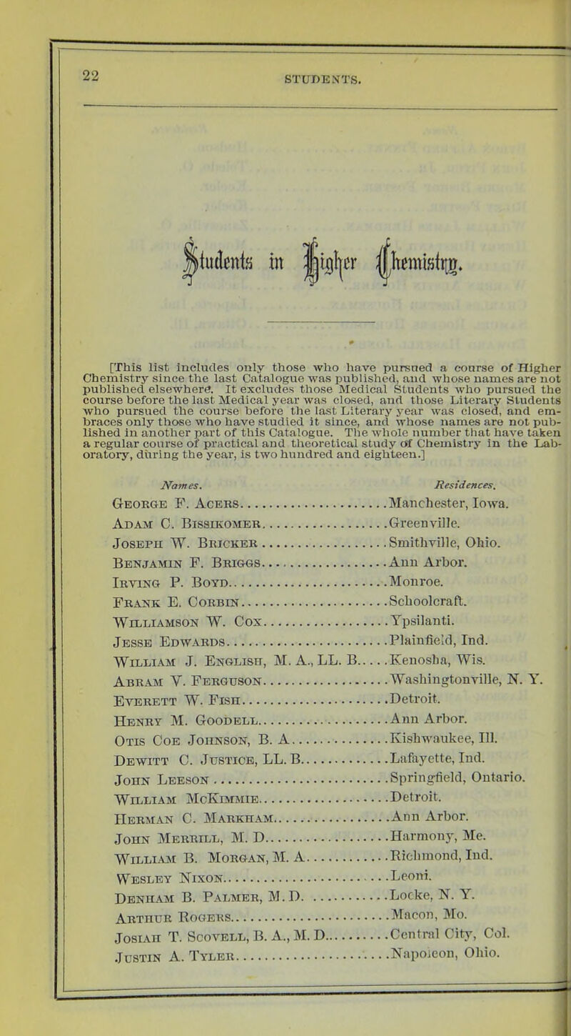 [This list includes only those who have pursued a course of Higher Chemistry since the last Catalogue was published, and whose names are not published elsewherd. It excludes those Medical Students who pursued the course before the last Medical year was closed, and those Literary Students who pursued the course before the last Literary year was closed, and em- braces only those who have studied it since, and whose names are not pub- lished in another part of this Catalogue. The whole number that have taken a regular course of practical and theoretical study of Chemistry in the Lab- oratory, during the year, is two hundred and eighteen.] Names. Residences. George P. Acers Manchester, Iowa. Adam C. Bissikomer Greenville. Joseph W. Bricker Smithville, Ohio. Benjamin F. Briggs Ann Arbor. Irving P. Boyd Monroe. Frank E. Corbin Schoolcraft. Williamson W. Cox Ypsilanti. Jesse Edwards Plainfield, Ind. William J. English, M. A., LL. B Kenosha, Wis. Abram V. Ferguson Washingtonville, N. Y. Everett W. Fish Detroit. Henry M. Goodell Ann Arbor. Otis Coe .Ioiinson, B. A Kishw-aukee, 111. Dewitt C. Justice, LL. B Lafayette, Ind. John Leeson Springfield, Ontario. William McKimmie Detroit. Herman C. Markham Ann Arbor. John Merrill, M. D Harmonj^ Me. WiLLLVM B. Morgan, M. A Richmond, Ind. Wesley Nixon Lconi. Denh.\m B. Palmer, M.D Locke, N. Y. Arthur Rogers Macon, Mo. JosiAH T. ScovELL, B. A., M. D Central City, Col. .lusTiN A. Tyler Napoieon, Ohio.