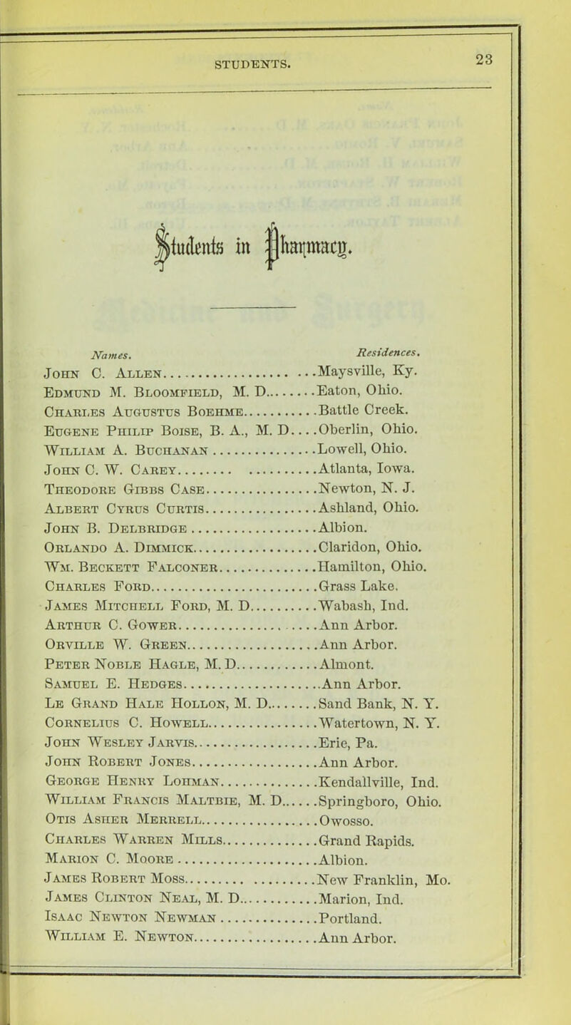 Names. Residences. John C. Allen Maysville, Ky. Edmund M. Bloomfield, M. D Eaton, Ohio. Chari-es Augustus Boehme Battle Creek. Eugene Philip Boise, B. A., M. D... .Oberlin, Ohio, WiLLi.\M A. Buchanan Lowell, Ohio. John C. W. Carey Atlanta, Iowa. Theodore Gibbs Case Newton, N. J. Albert Cyrus Curtis Ashland, Ohio. John B. Delbridge Albion. Orlando A. Dimmick Claridon, Ohio, Wm. Beckett Falconer Hamilton, Ohio. Charles Ford Grass Lake. James Mitchell Ford, M. D Wabash, Ind. Arthur C. Gower Ann Arbor. Orville W. Green Ann Arbor. Peter Noble Hagle, M. D Almont. Samuel E. Hedges Ann Arbor. Le Grand Hale Hollon, M. D Sand Bank, N. Y. Cornelius C. Howell Watertown, N. Y. John Wesley Jarvis Erie, Pa. John Robert Jones Ann Arbor. George Henry Lohman Kendallville, Ind. William Francis M.a.ltbie, M. D Springboro, Ohio. Otis Asher Merrell Owosso. Charles Warren Mills Grand Rapids. Marion C. Moore Albion. James Robert Moss New Franklin, Mo. James Clinton Ne.vl, M. D Marion, Ind. Isaac Newton Newman Portland. WnmiAM E. Newton Ann Arbor.