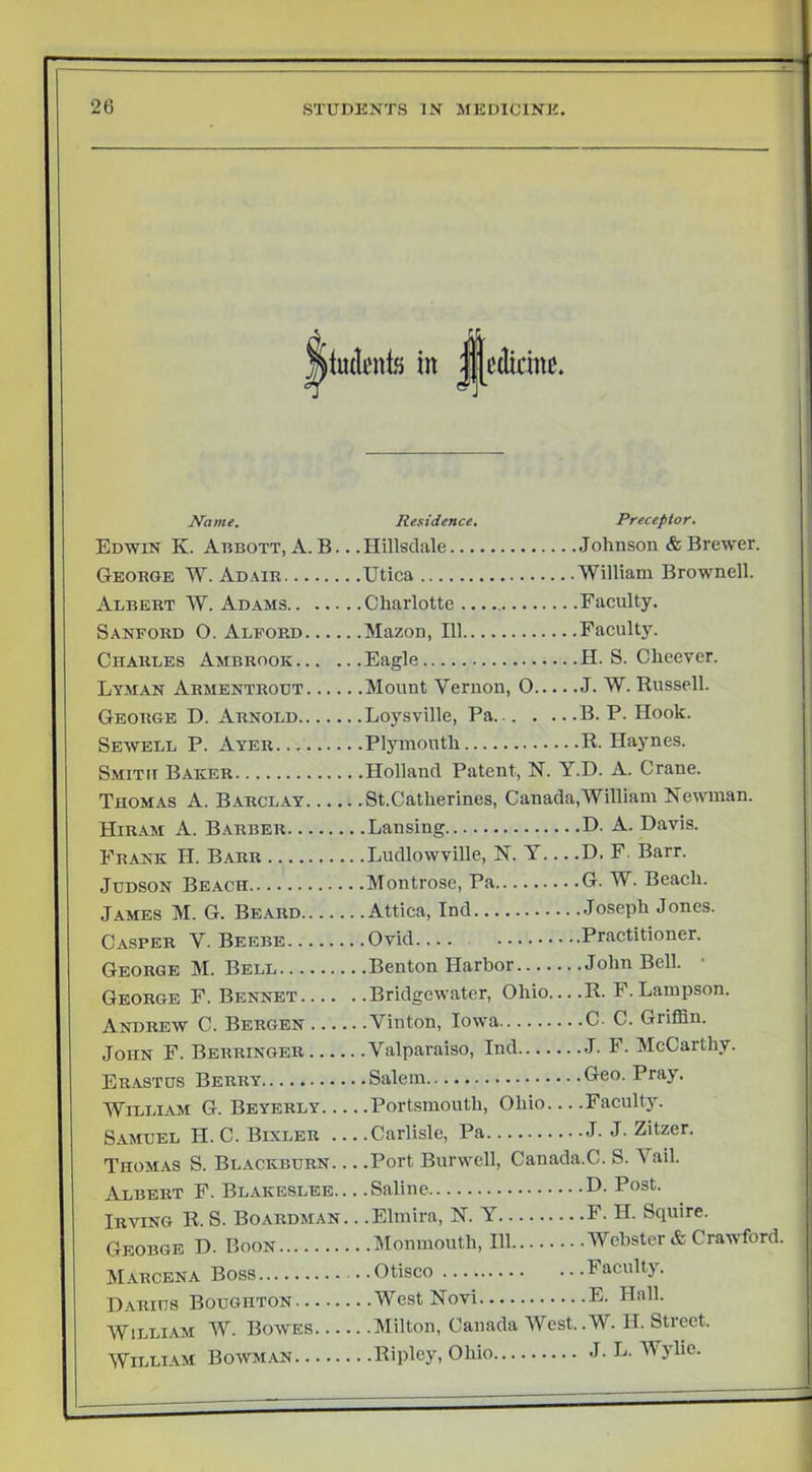 jiudcntf) in ilcdicine. Name, Residence. Preceptor. Edwin K. Abbott, A. B ... Hillsdale Johnson & Brewer. George W. Ad.mr Utica William Brownell. Albert AV. Adams Charlotte Faculty. Sanford 0. Alford Mazon, 111 Faculty. Charles Ambrook Eagle H. S. Cheever. Lyman Armentrodt Mount Vernon, O J. W. Russell. George D. Arnold Loysville, Pa B. P. Hook. Sewell P. Ayer Plymouth R. Haynes. Smith Baker Holland Patent, N. Y.D. A. Crane. Thomas A. Barcl.yy St.Catherines, Canada,William Newman. Hir.a^m a. Barber Lansing D. A. Davis. Frank H. Barr Ludlowville, N. Y D, F. Barr. JuDSON Beach Montrose, Pa G. W. Beach. James M. G. Be.yrd Attica, Ind Joseph Jones. Casper V. Beebe Ovid Practitioner. George M. Bell Benton Harbor John Bell. • George F. Bennet Bridgewater, Ohio....R. F. Lampson. Andrew C. Bergen Vinton, Iowa C- C. Griffin. John F. Behringer Valparaiso, Ind J. F. McCarthy. Er.ystus Berry Salem Geo. Pray. William G. Bbyerly Portsmouth, Ohio Faculty. Samuel H. C. Bixler Carlisle, Pa J. J. Zitzer. Thomas S. Blackburn. .. .Port Burwell, Canada.C. S. Vail. Albert F. Blakeslee Saline D. Post. Irving R. S. Boardman. . .Elmira, N. Y F. H. Squire. Geobge D. Boon Monmouth, 111 Webster & Crawford. Marcena Boss Otisco Faculty. Darius Boughton West Novi E. Hall. William W. Bowes Milton, Canada West.W. H. Street. WiLLi.vM Bowman Ripley, Ohio J. L. Wylie.
